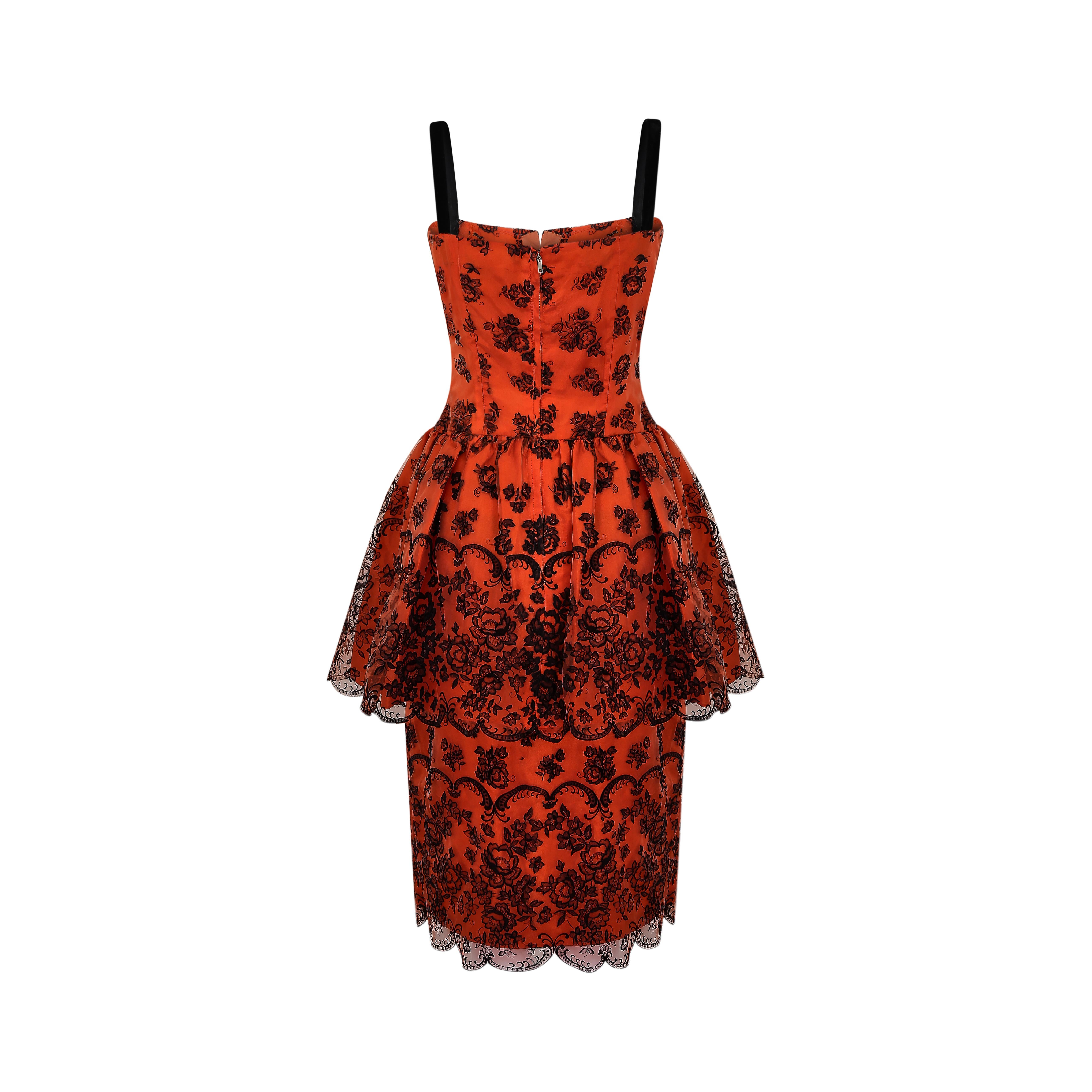 Brown 1960s Diana Floral Black and Orange Flock Print Dress For Sale