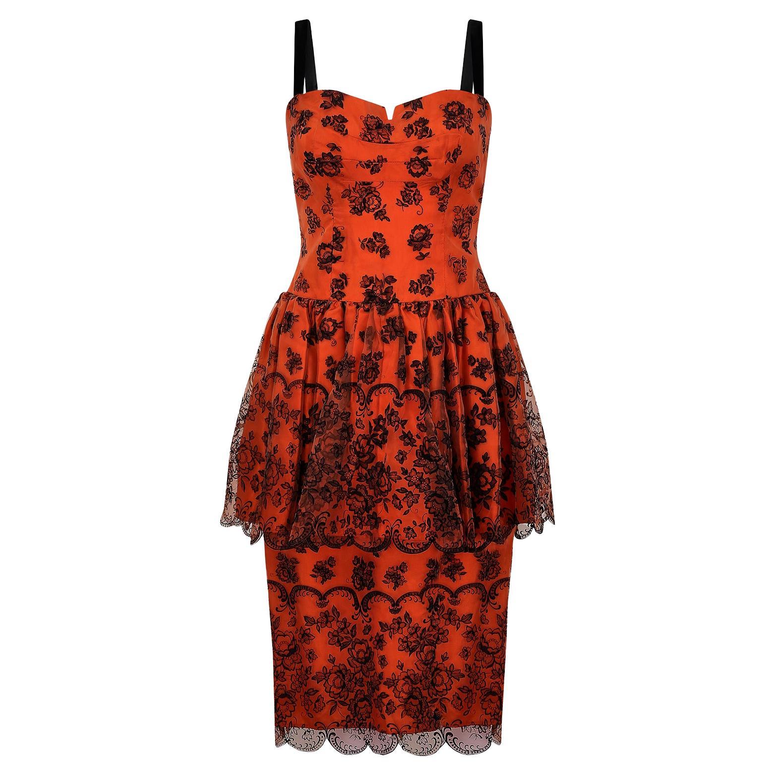 1960s Diana Floral Black and Orange Flock Print Dress For Sale