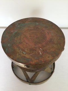 1960s Diminutive Hammered Brass Lattice Hourglass Drum Side Table