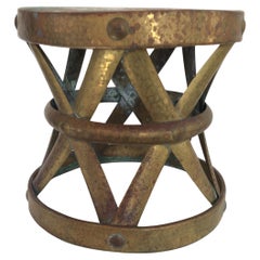 1960s Diminutive Hammered Brass Lattice Hourglass Drum Side Table