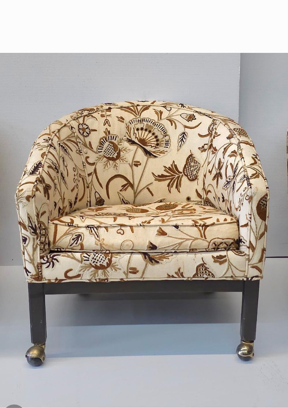 Rare 1960s Directional Furniture designed by
Kipp Stewart,  Needlepoint Cotton Felt Upholstered and Tufted Rolling Lounge Chair. Petrified Needlework throughout.
Measures 27