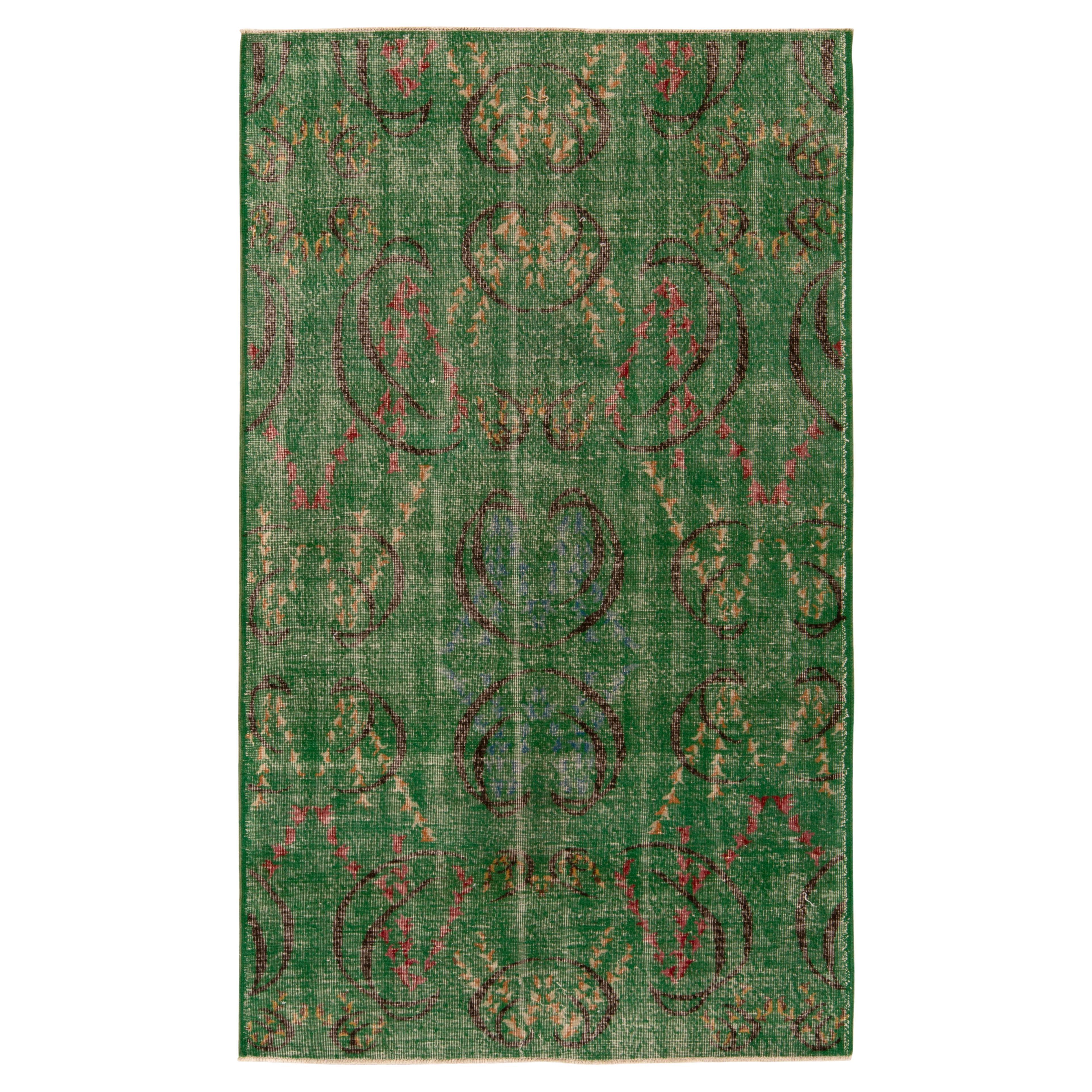 1960s Distressed Art Deco Rug in Green, Black, Geometric Patterns by Rug & KIlim For Sale