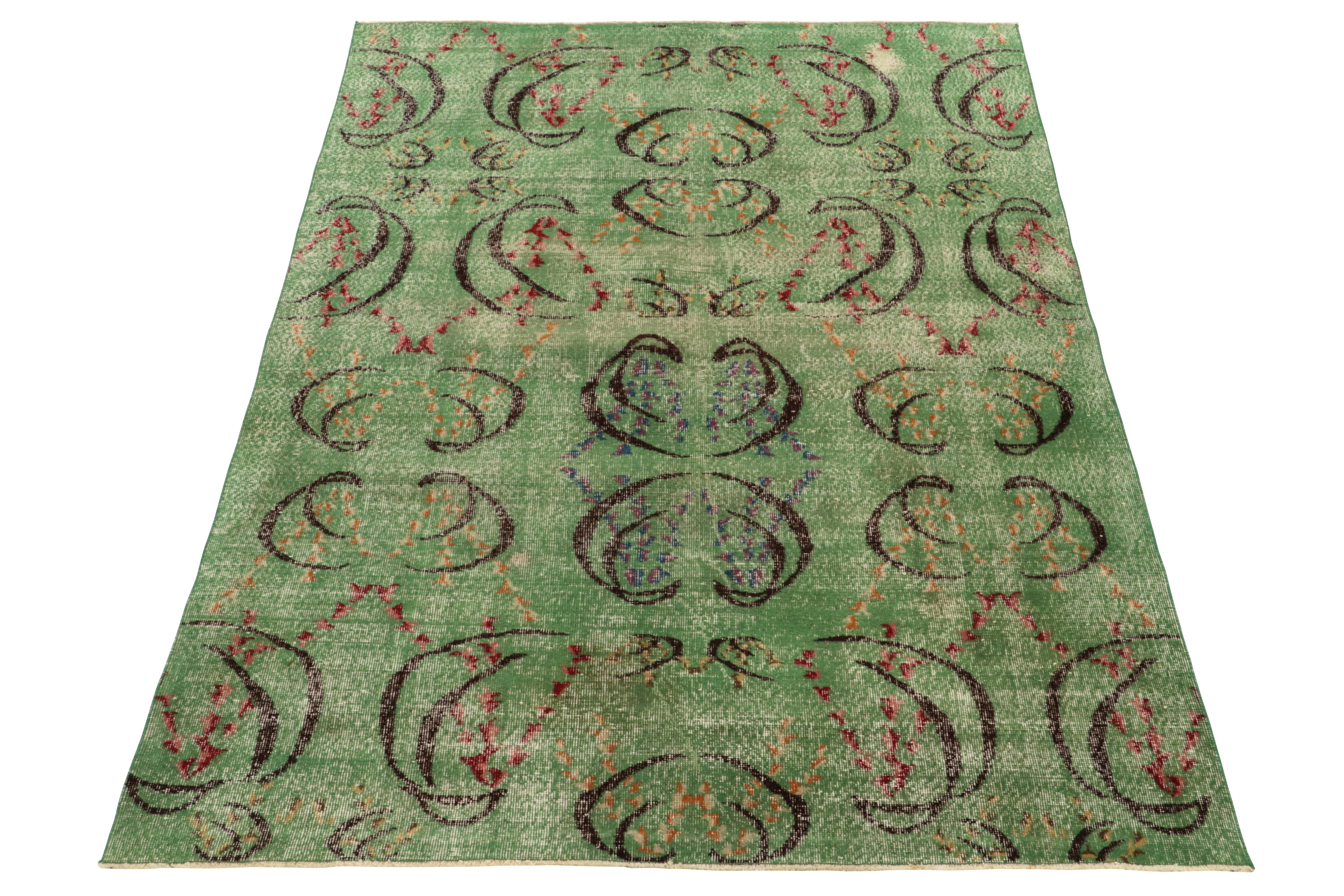 A vintage 6 x 8 distressed Art Deco rug, hand-knotted in wool circa 1960-1970. Joining Rug & Kilim’s Mid-Century Pasha Collection, commemorating a bold Turkish atelier of the period renowned for these low-sheared pile, distressed shabby-chic works.