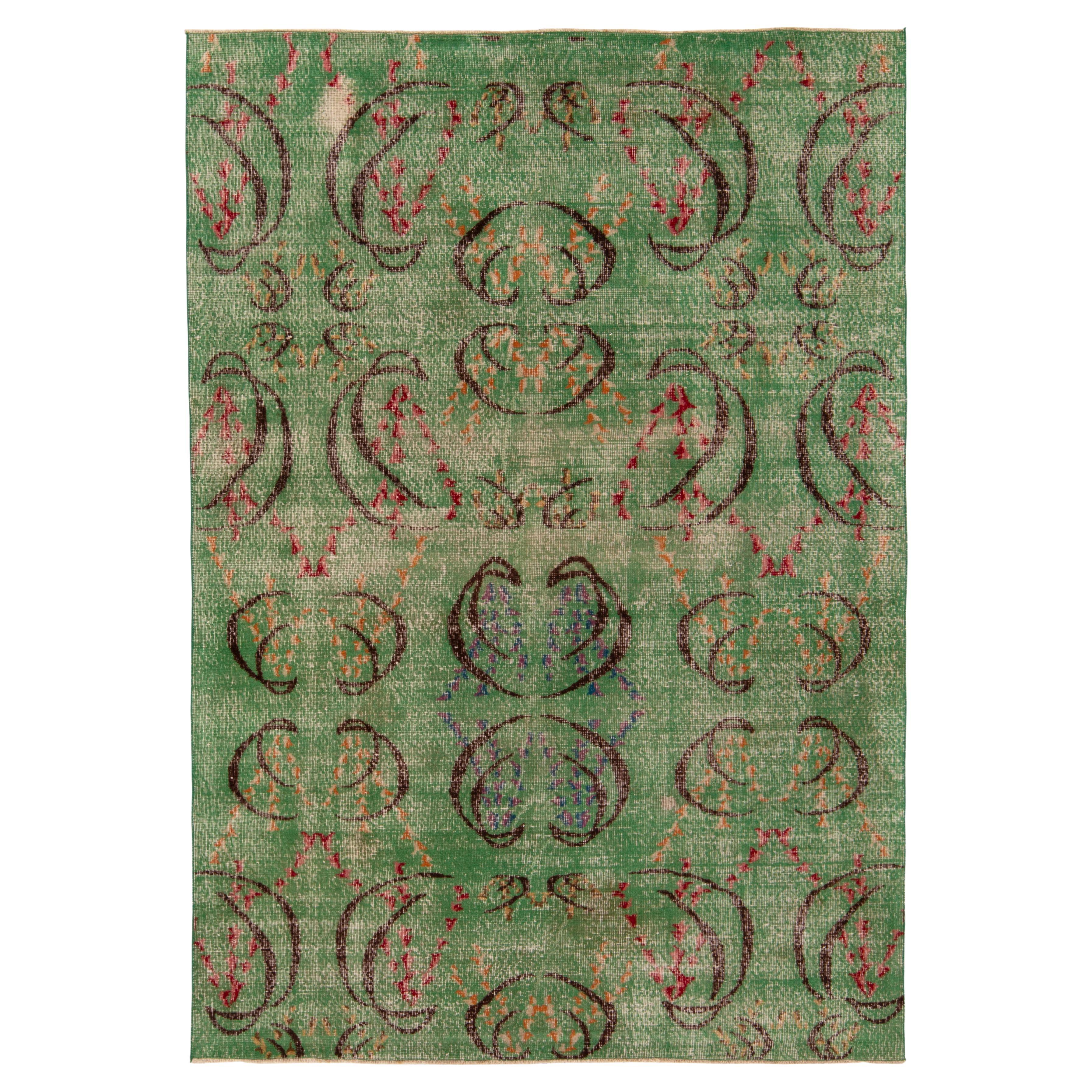 1960s Distressed Art Deco Rug in Green, Curving Geometric Pattern by Rug & Kilim For Sale
