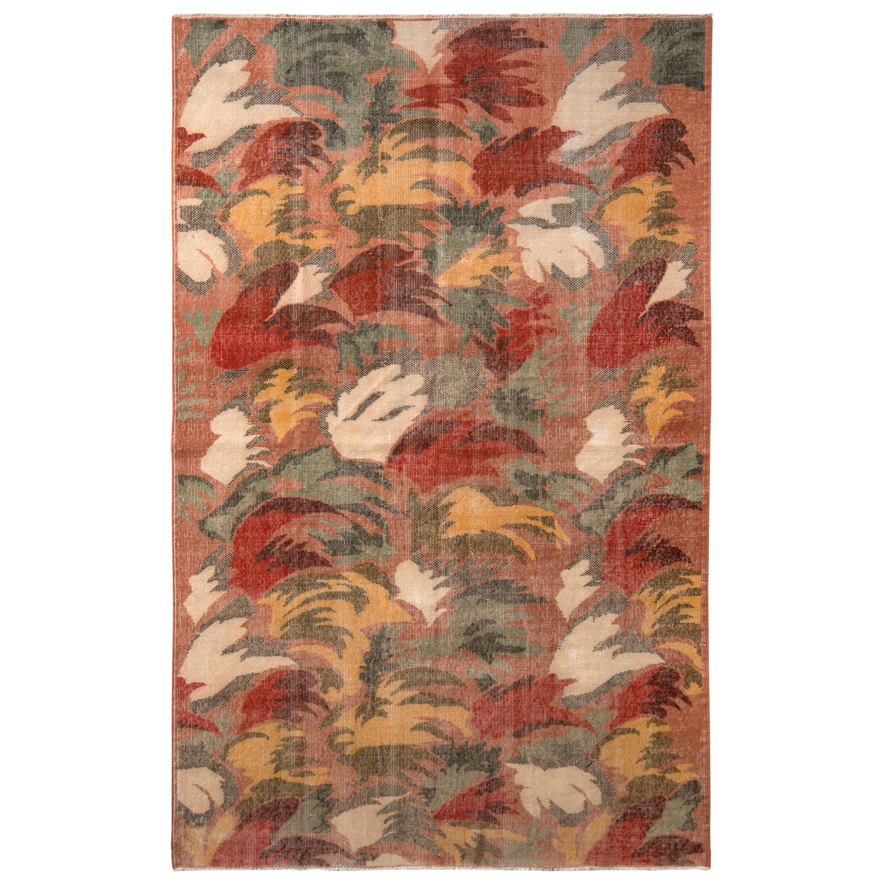 1960s Distressed Midcentury Art Deco Rug Pink-Red and Green Floral Pattern