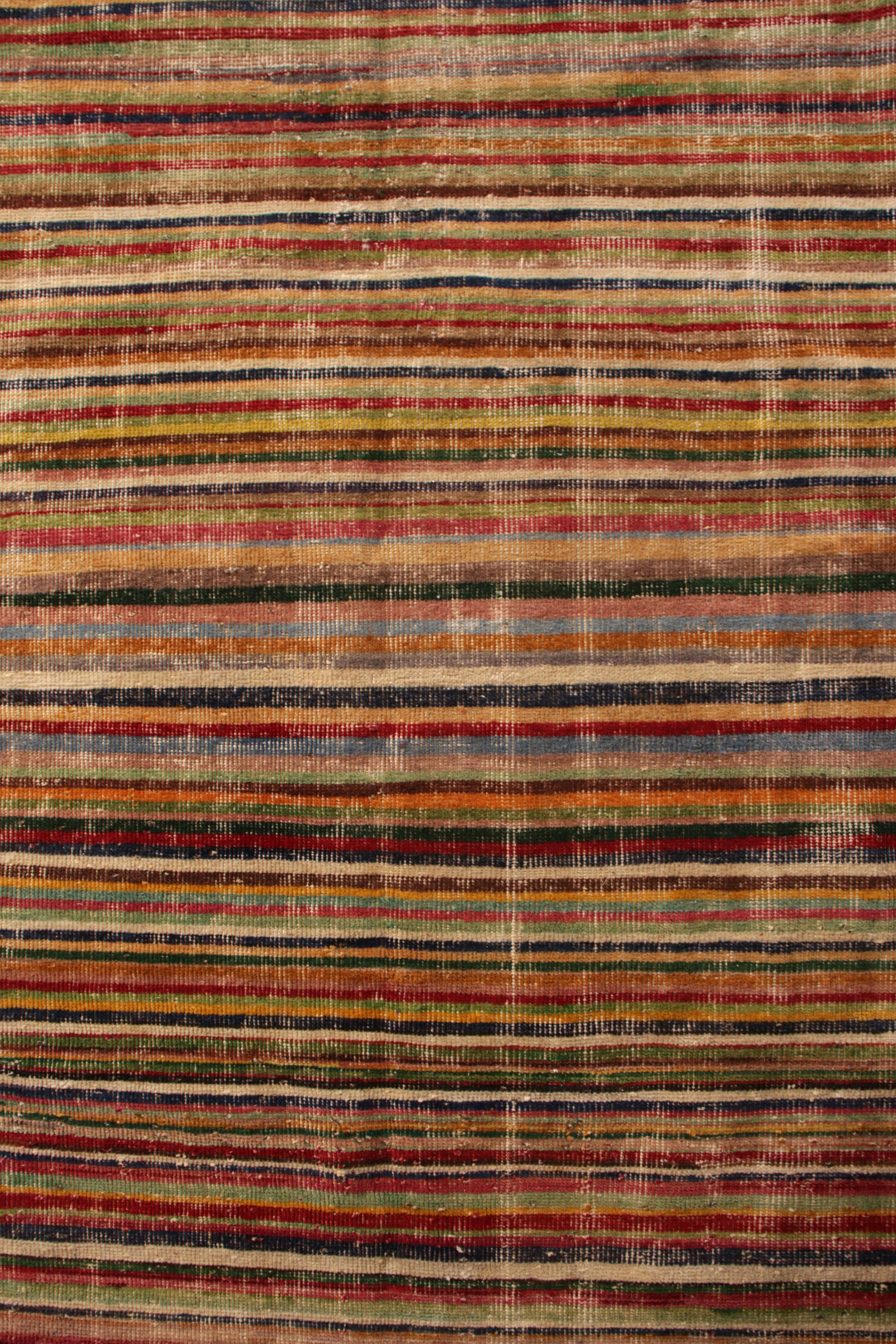 Rustic 1960s Distressed Midcentury Rug Beige Red Multi-Color Vintage Striped Pattern For Sale