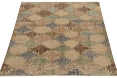 1960s Distressed Vintage Rug in Beige-Brown, Blue Diamond Pattern by Rug & Kilim