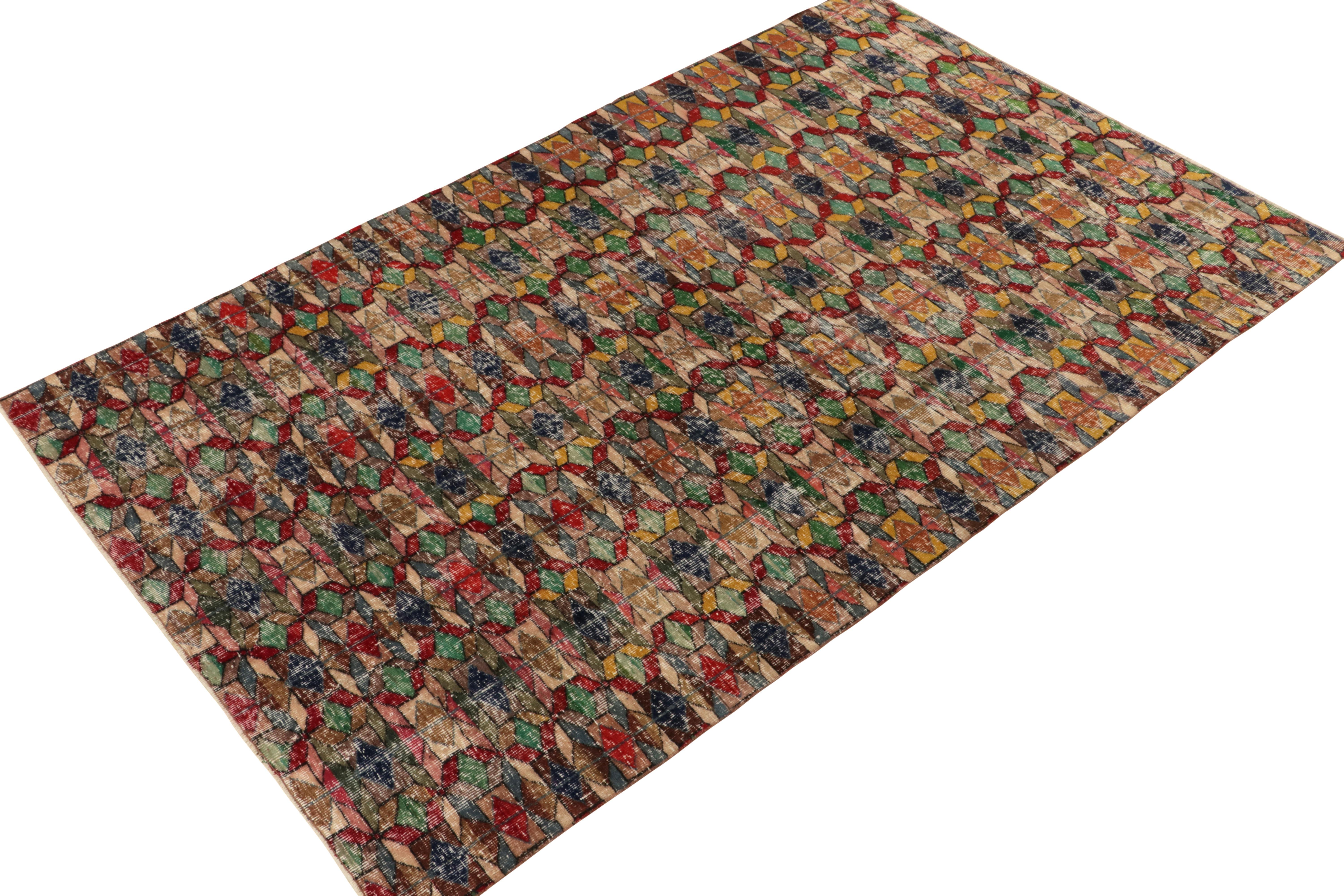 Art Deco 1960s, Distressed Vintage Rug in Multicolor Geometric Pattern by Rug & Kilim For Sale