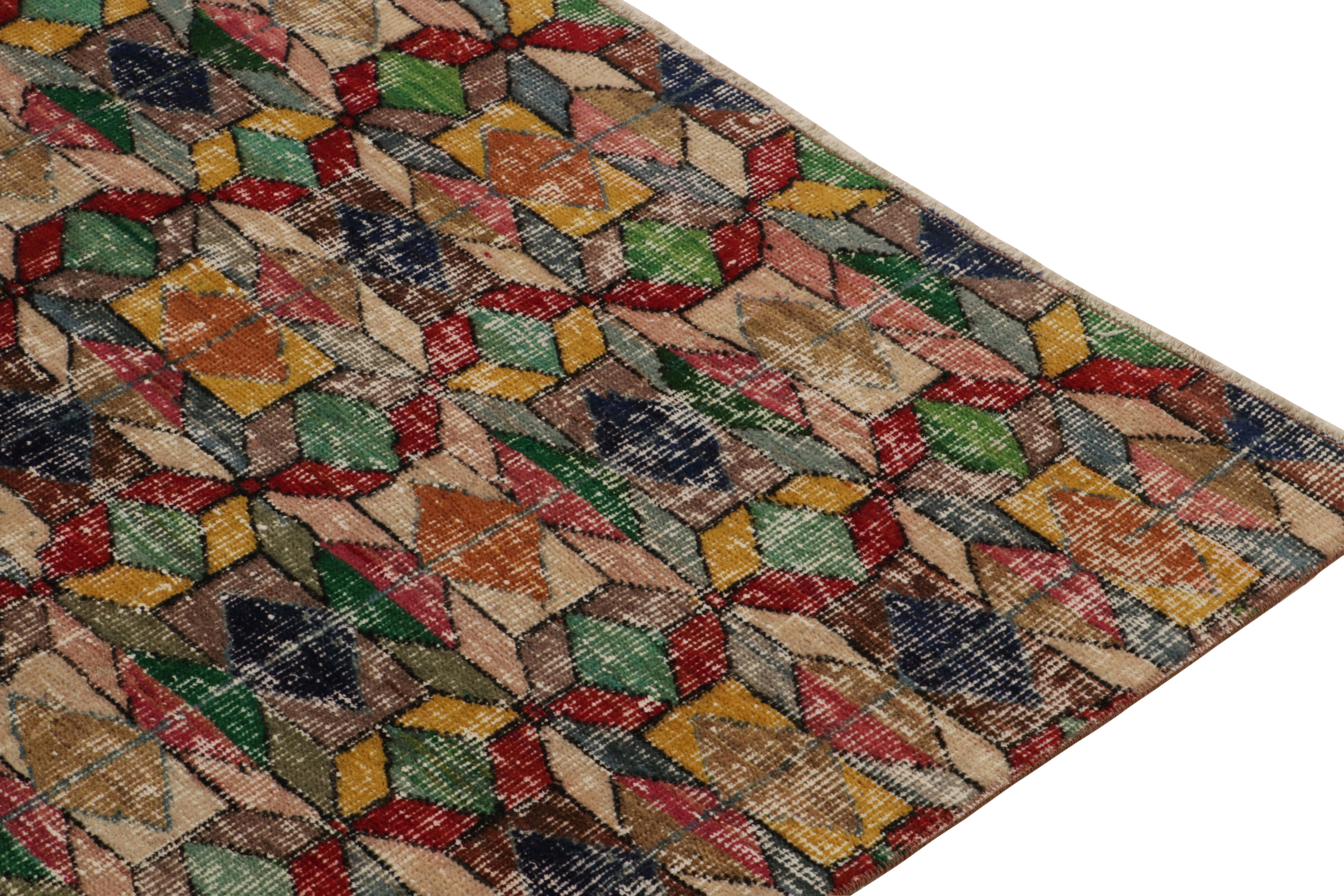 Hand-Knotted 1960s, Distressed Vintage Rug in Multicolor Geometric Pattern by Rug & Kilim For Sale