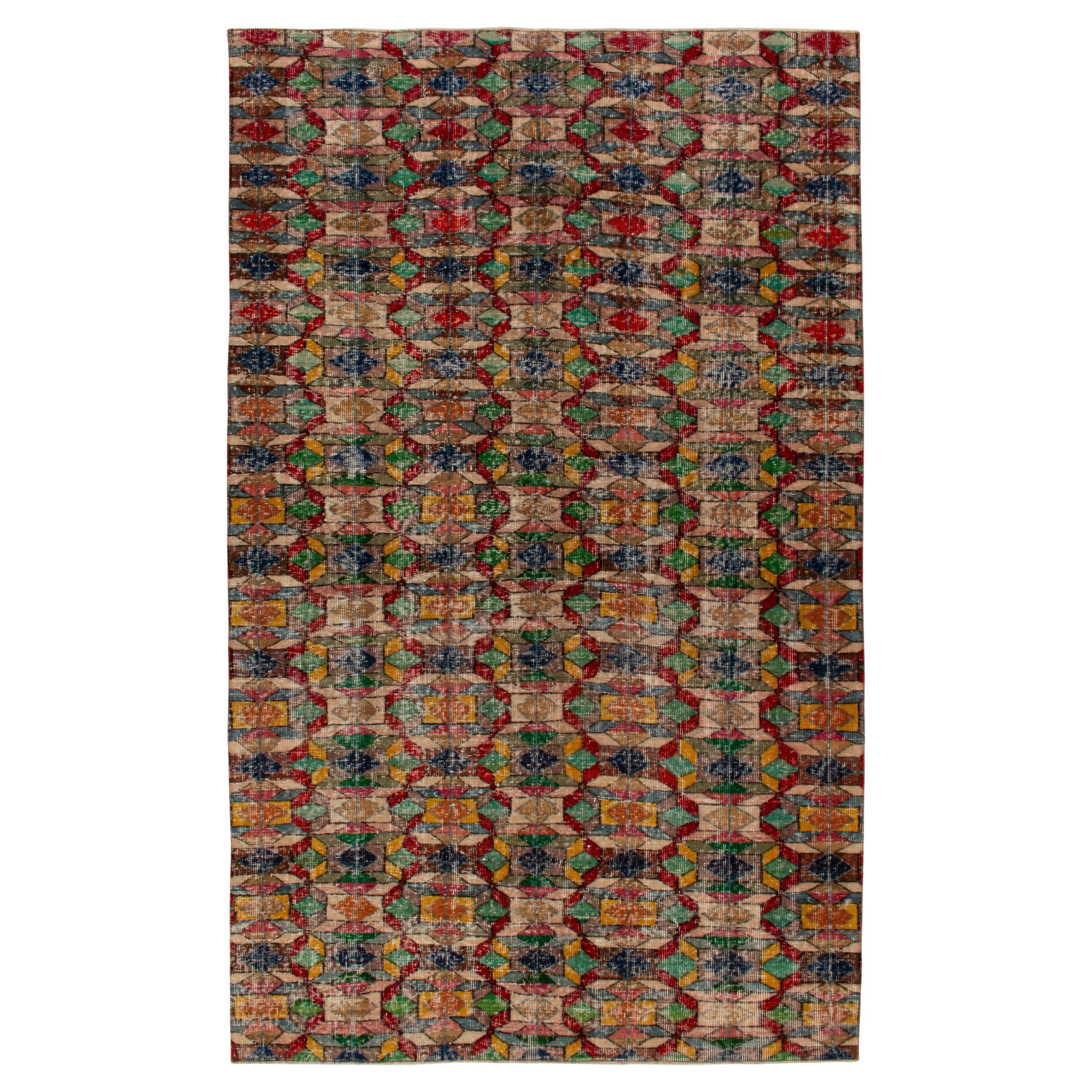 1960s, Distressed Vintage Rug in Multicolor Geometric Pattern by Rug & Kilim