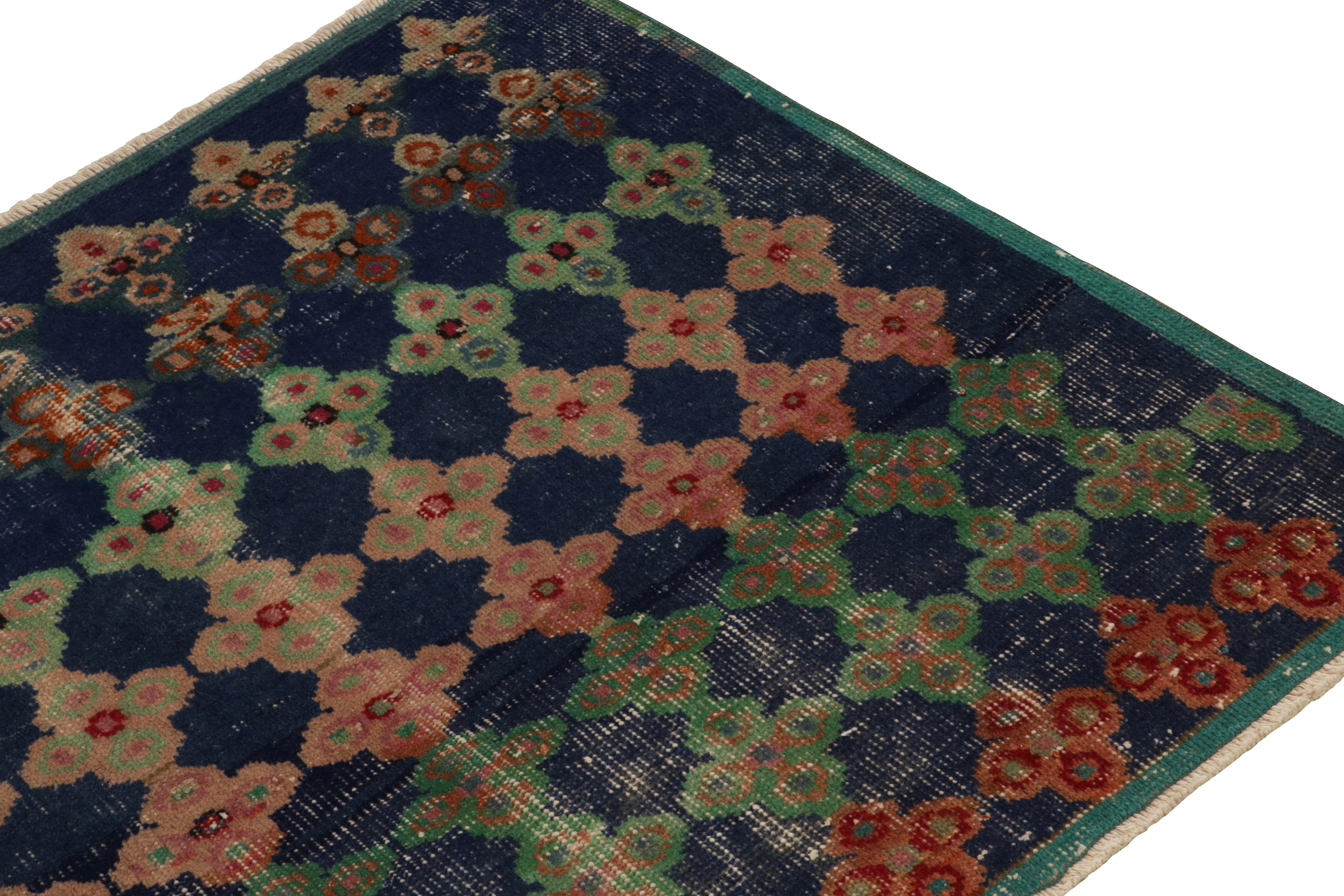 Hand-Knotted 1960s Distressed Vintage Runner in Blue, Pink, Geometric Patterns by Rug & Kilim For Sale