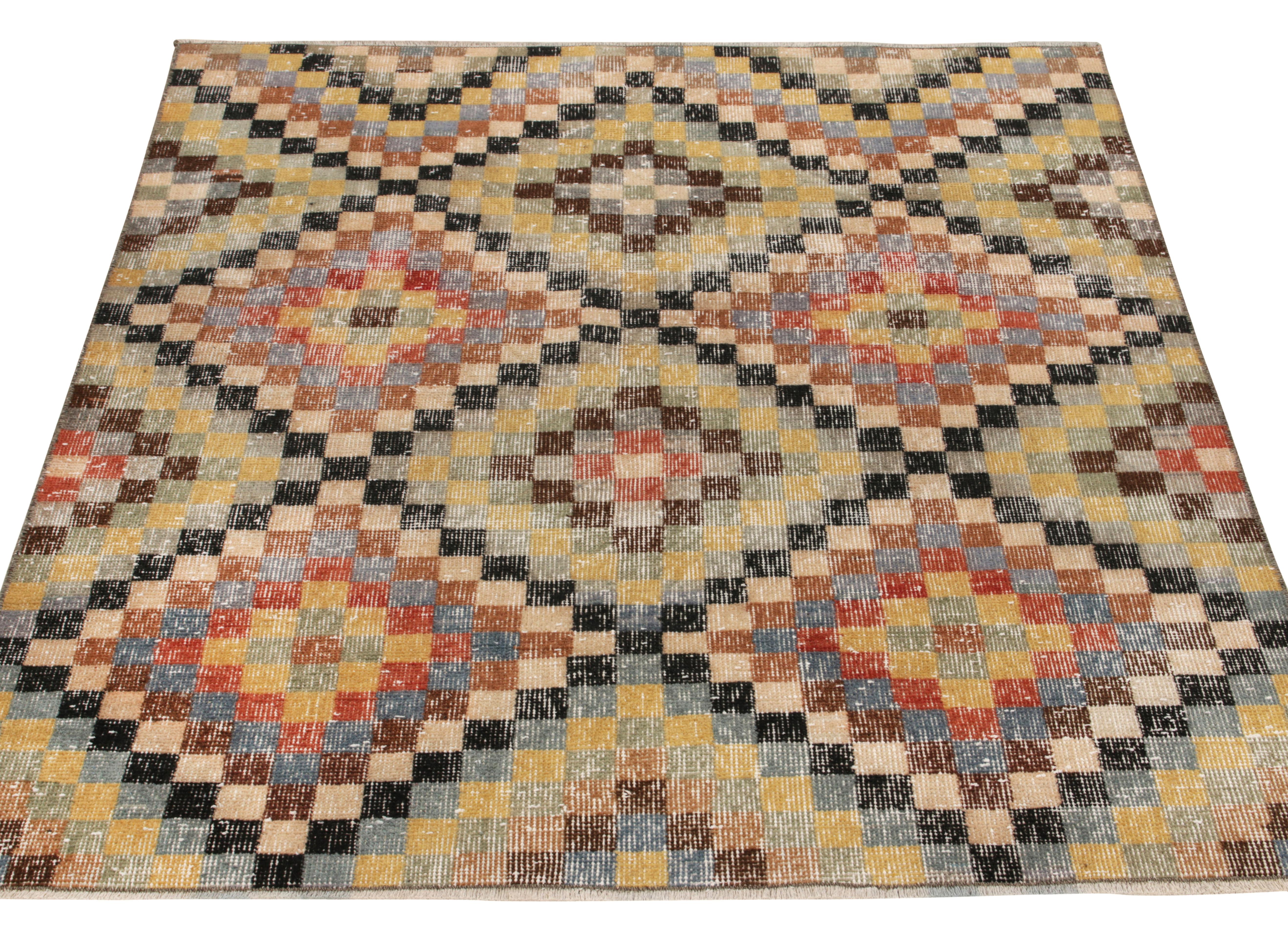 A distressed square rug from a reputed multidisciplinary Turkish designer highlighting their love for wide-ranging mid-century rug aesthetics, now joining our Mid century Pasha collection. Hand-knotted in low-pile wool circa 1960-1970, relishing in