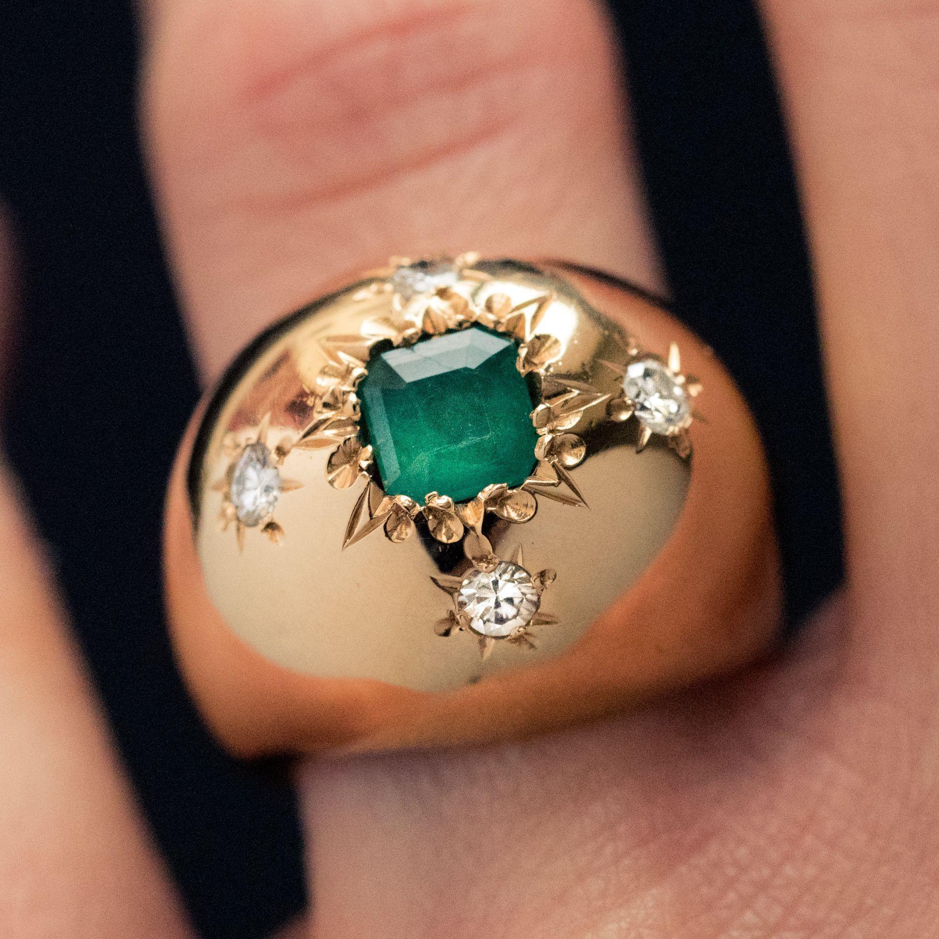 1960s Domed Emerald Diamond Gold Ring 4