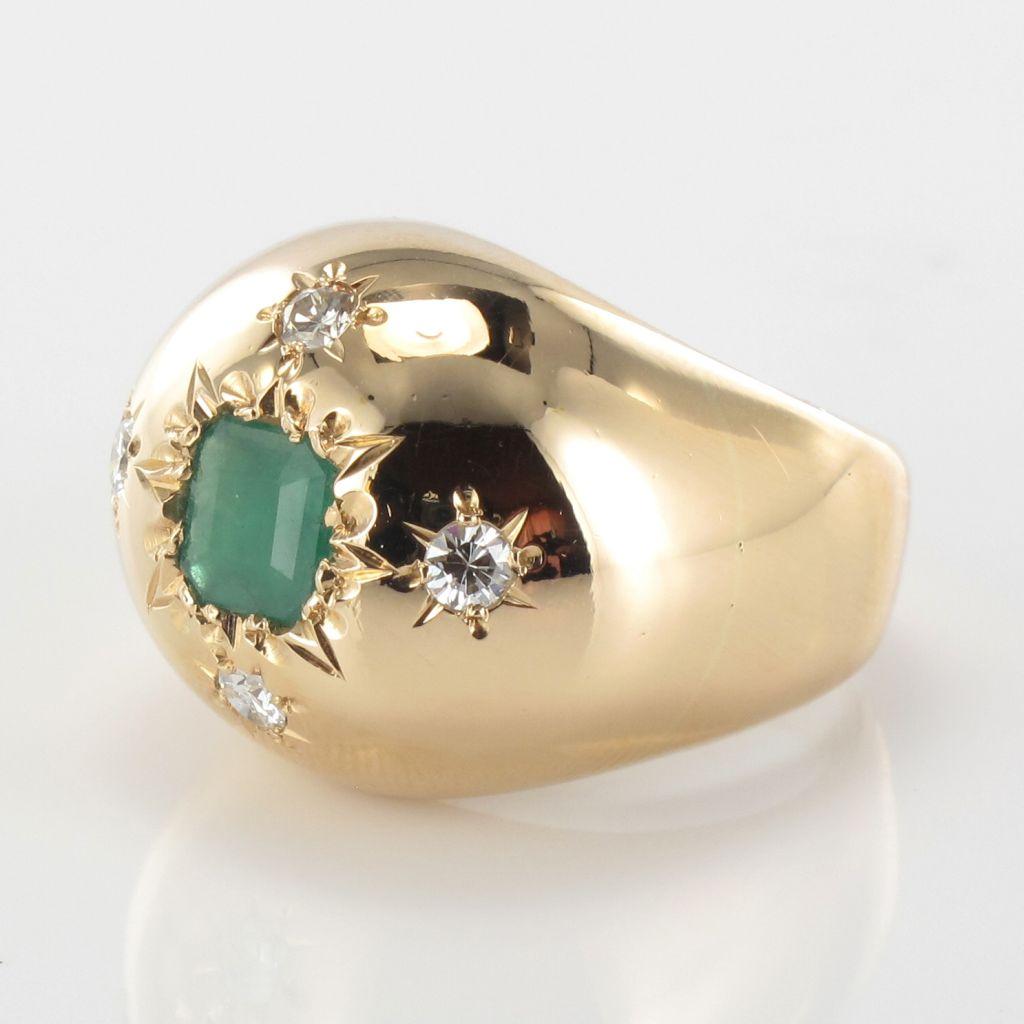 Retro 1960s Domed Emerald Diamond Gold Ring