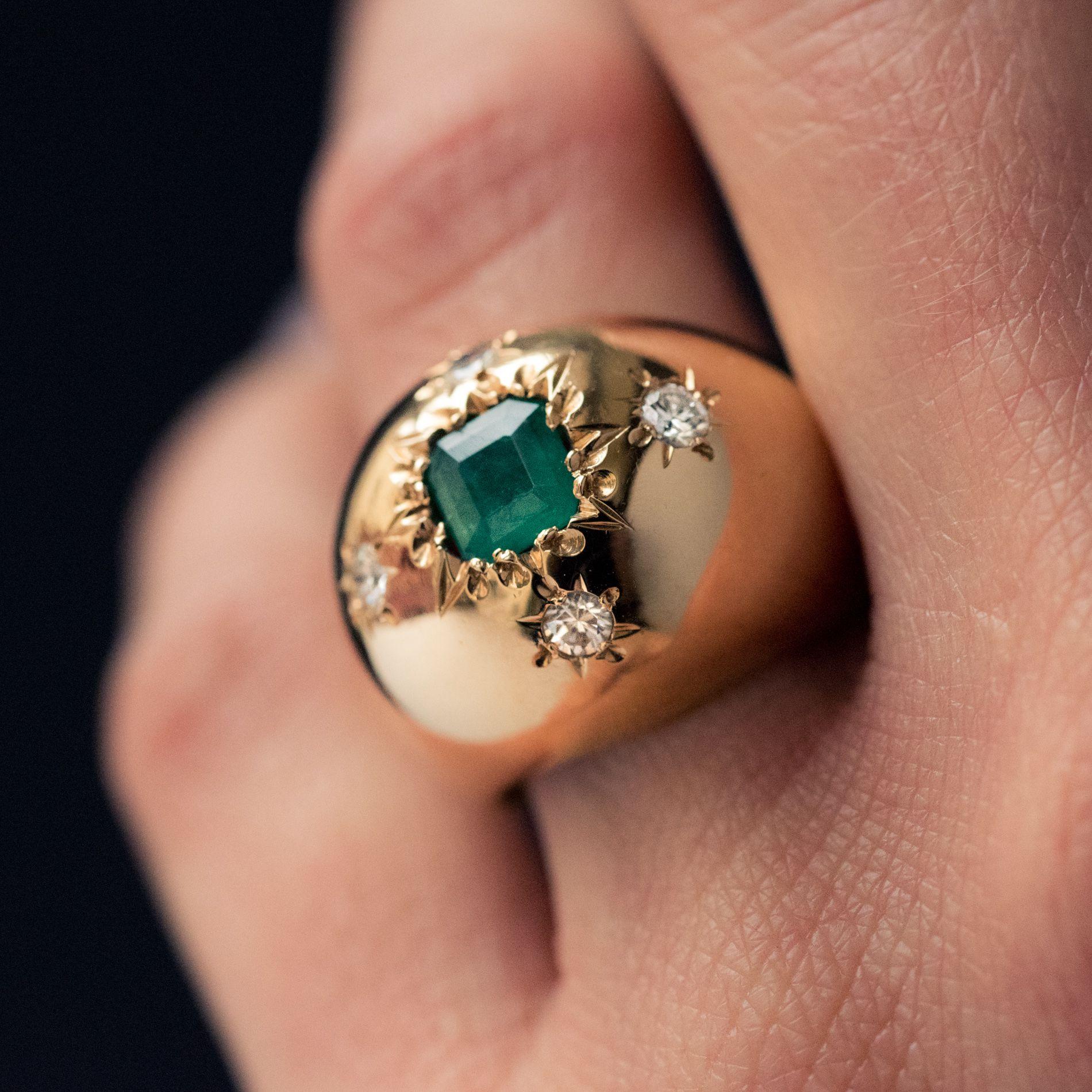 Emerald Cut 1960s Domed Emerald Diamond Gold Ring
