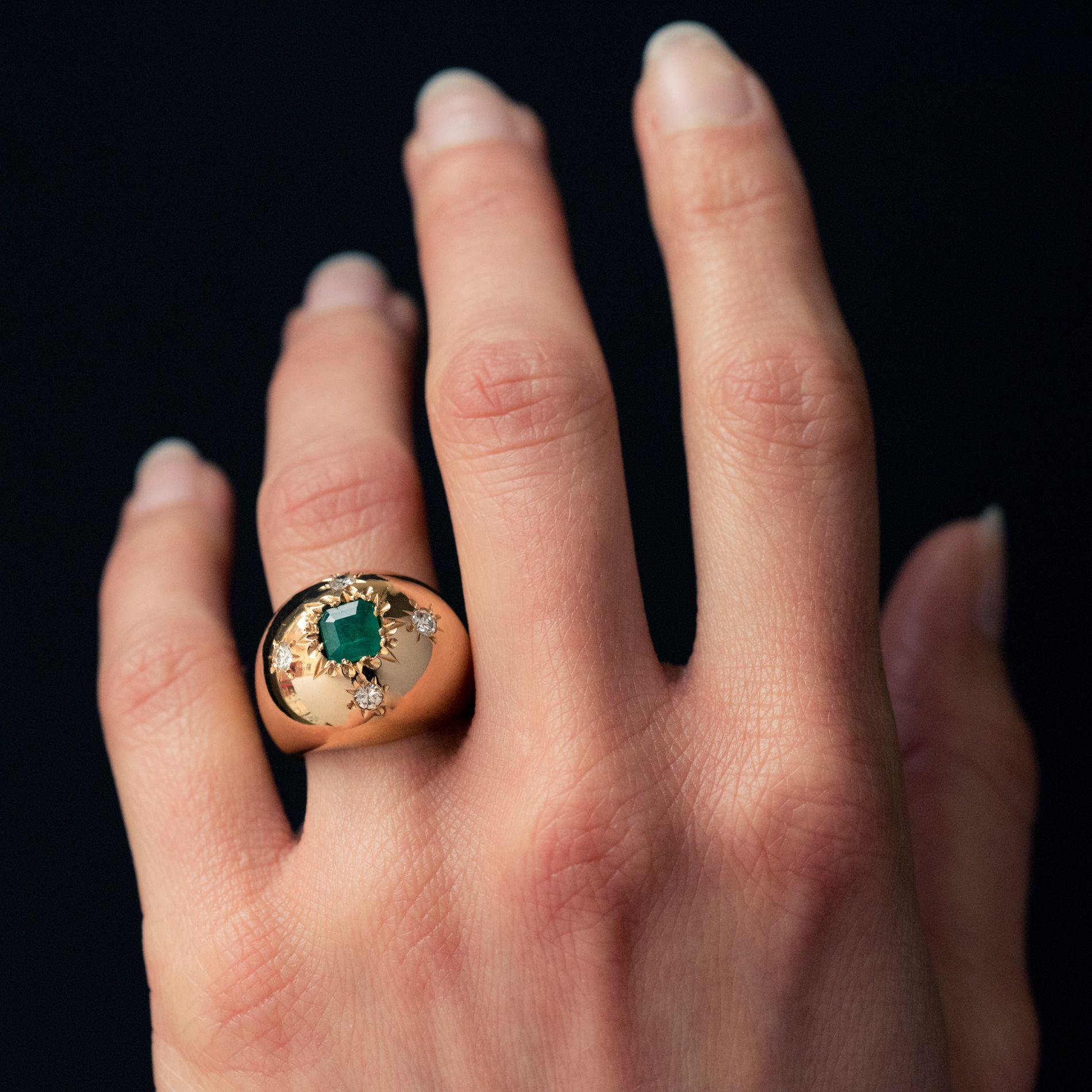 1960s Domed Emerald Diamond Gold Ring 1