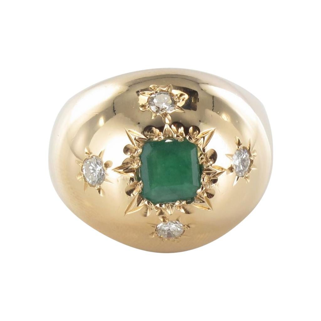 1960s Domed Emerald Diamond Gold Ring