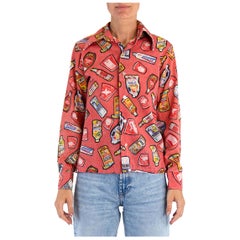 1960S DON JUAN Red Poly/Cotton Pop-Art Codiment Print Mens Shirt