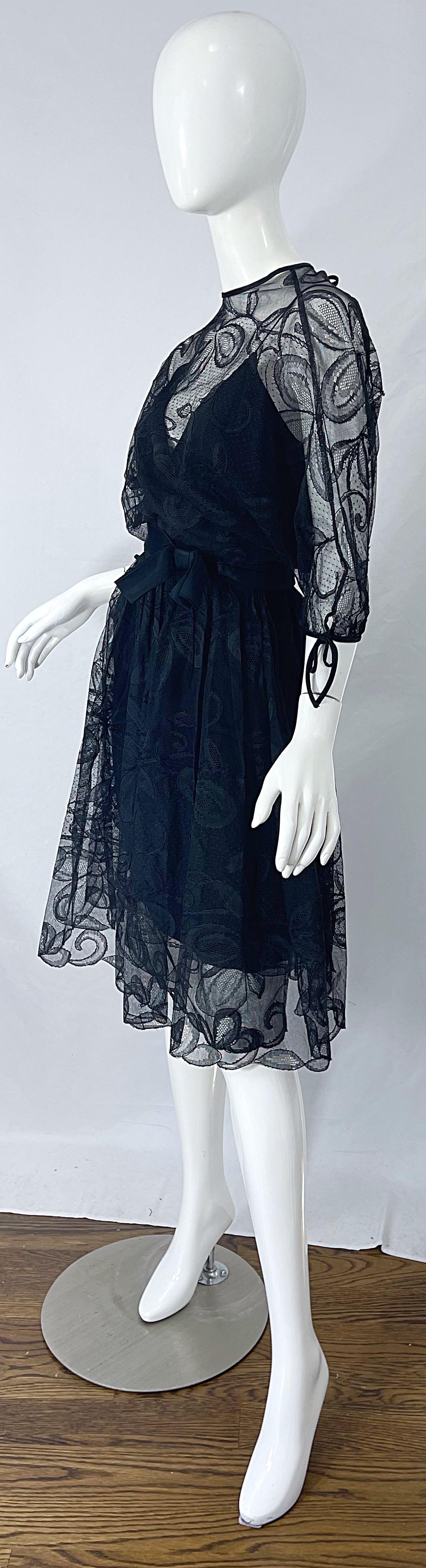 1960s Donald Brooks Black Lace Overlay 3/4 Sleeves Vintage 60s Dress For Sale 3