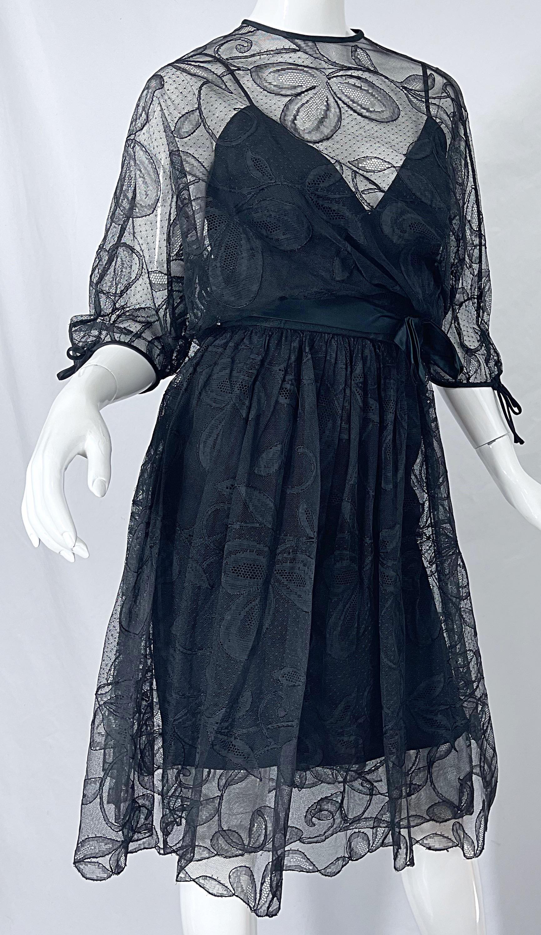 1960s Donald Brooks Black Lace Overlay 3/4 Sleeves Vintage 60s Dress For Sale 5
