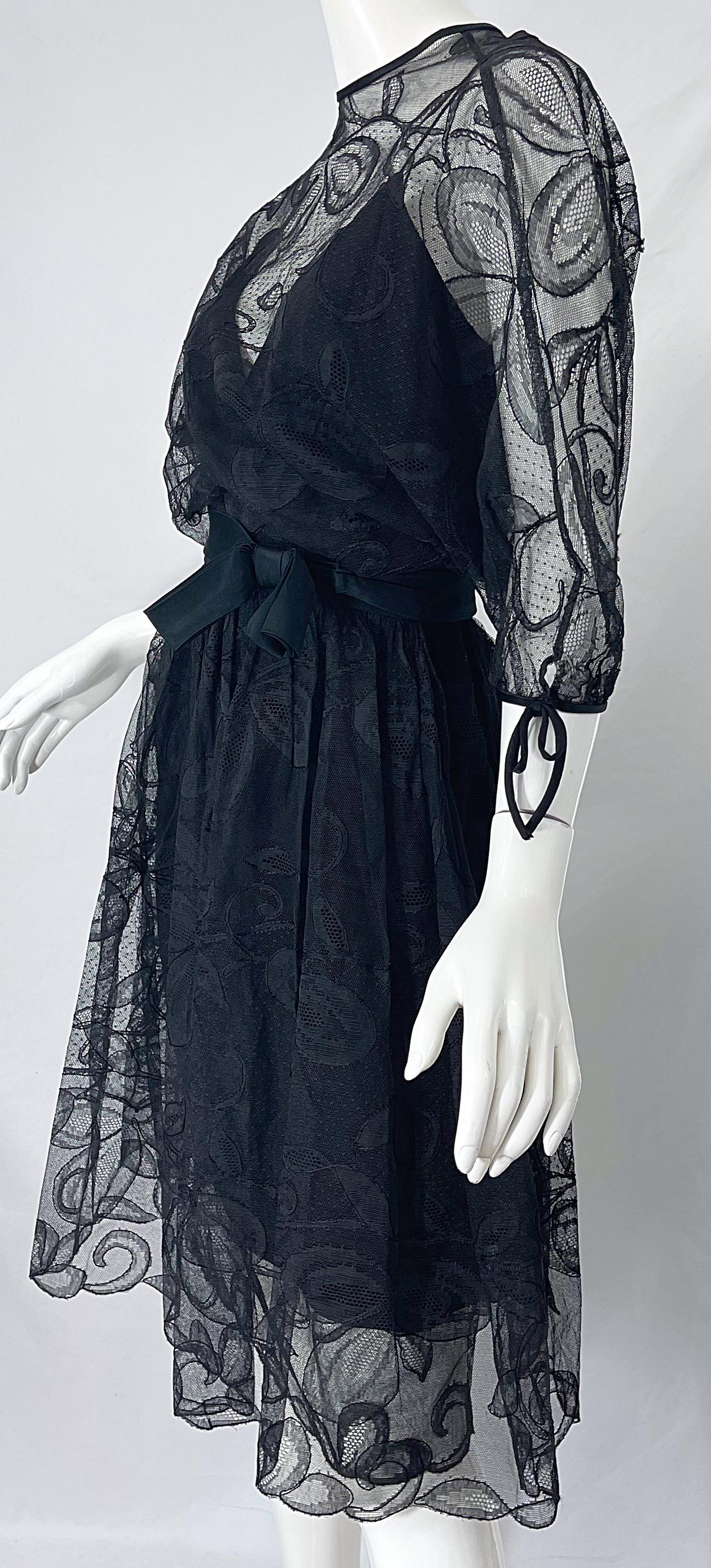 1960s Donald Brooks Black Lace Overlay 3/4 Sleeves Vintage 60s Dress In Excellent Condition For Sale In San Diego, CA
