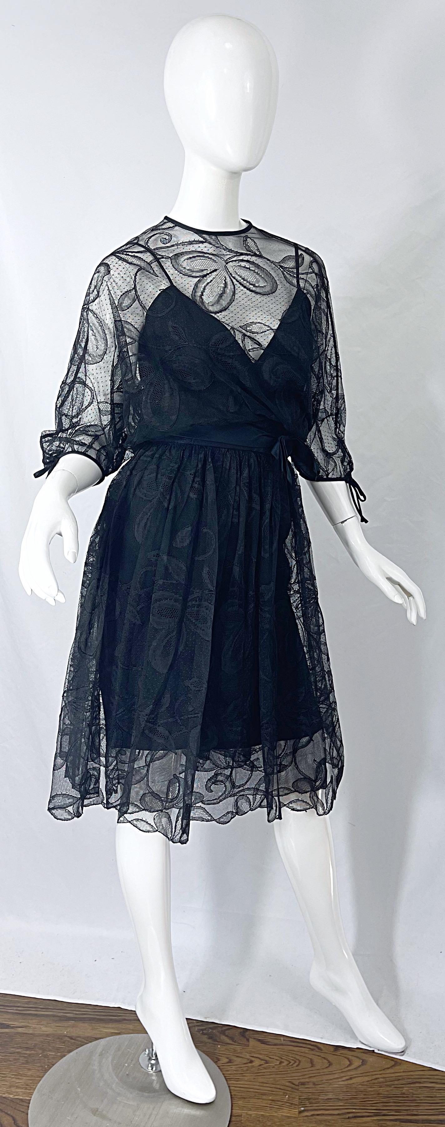 Women's 1960s Donald Brooks Black Lace Overlay 3/4 Sleeves Vintage 60s Dress For Sale