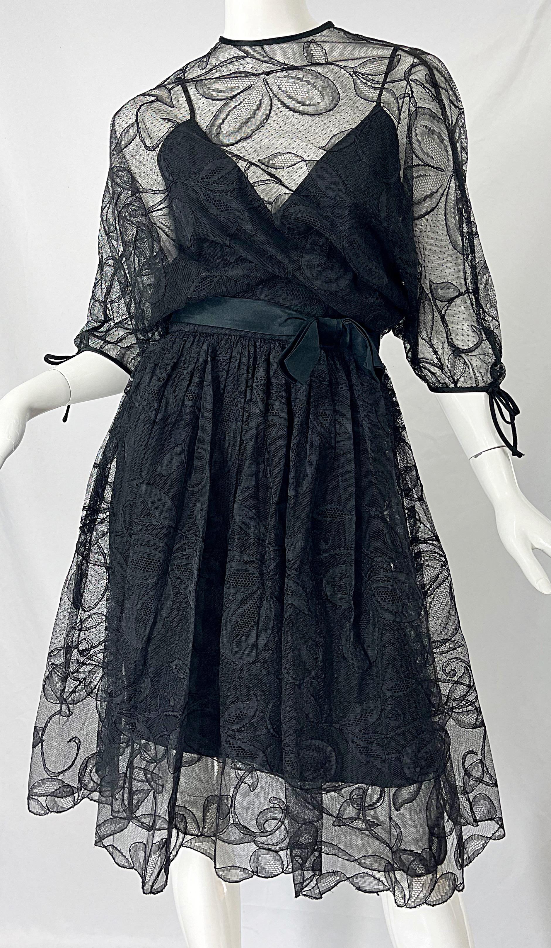1960s Donald Brooks Black Lace Overlay 3/4 Sleeves Vintage 60s Dress For Sale 2