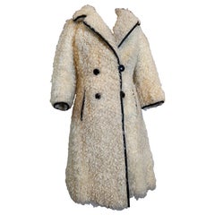 1960s Donald Brooks Cream Mod Persian Lamb Fur Coat w Black Leather Piping.