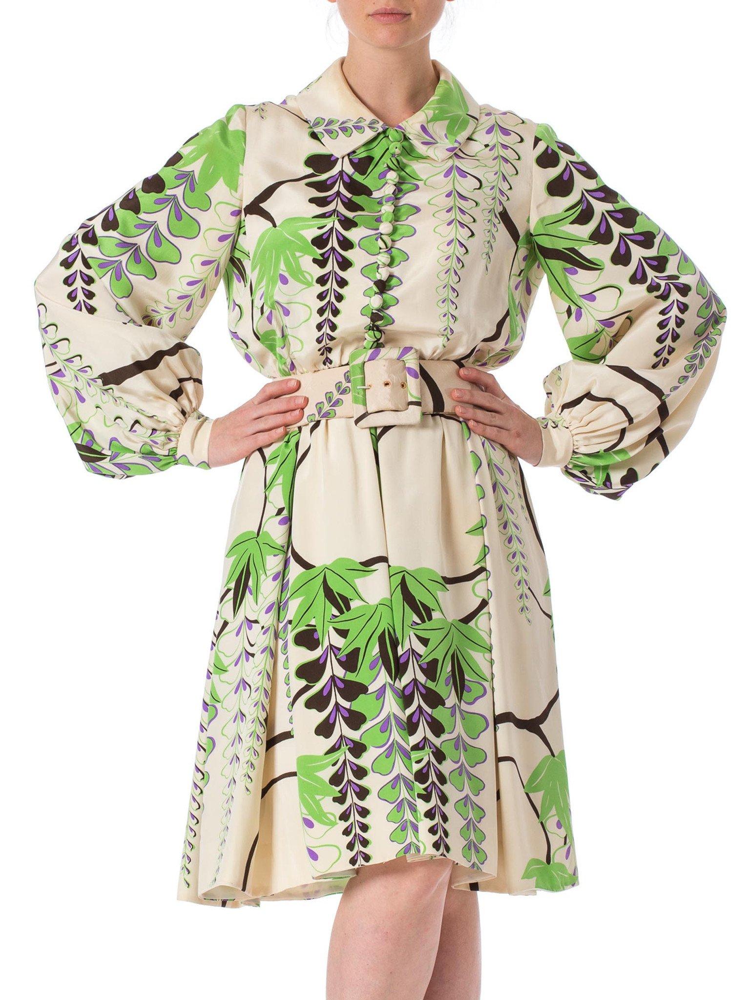 Beige 1960S DONALD BROOKS Silk Botanical Placed Print Dress