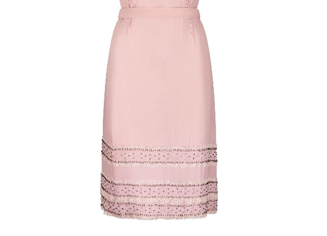 1960s Doree Model Pink Georgette Lace Embellished Dress In Excellent Condition In London, GB