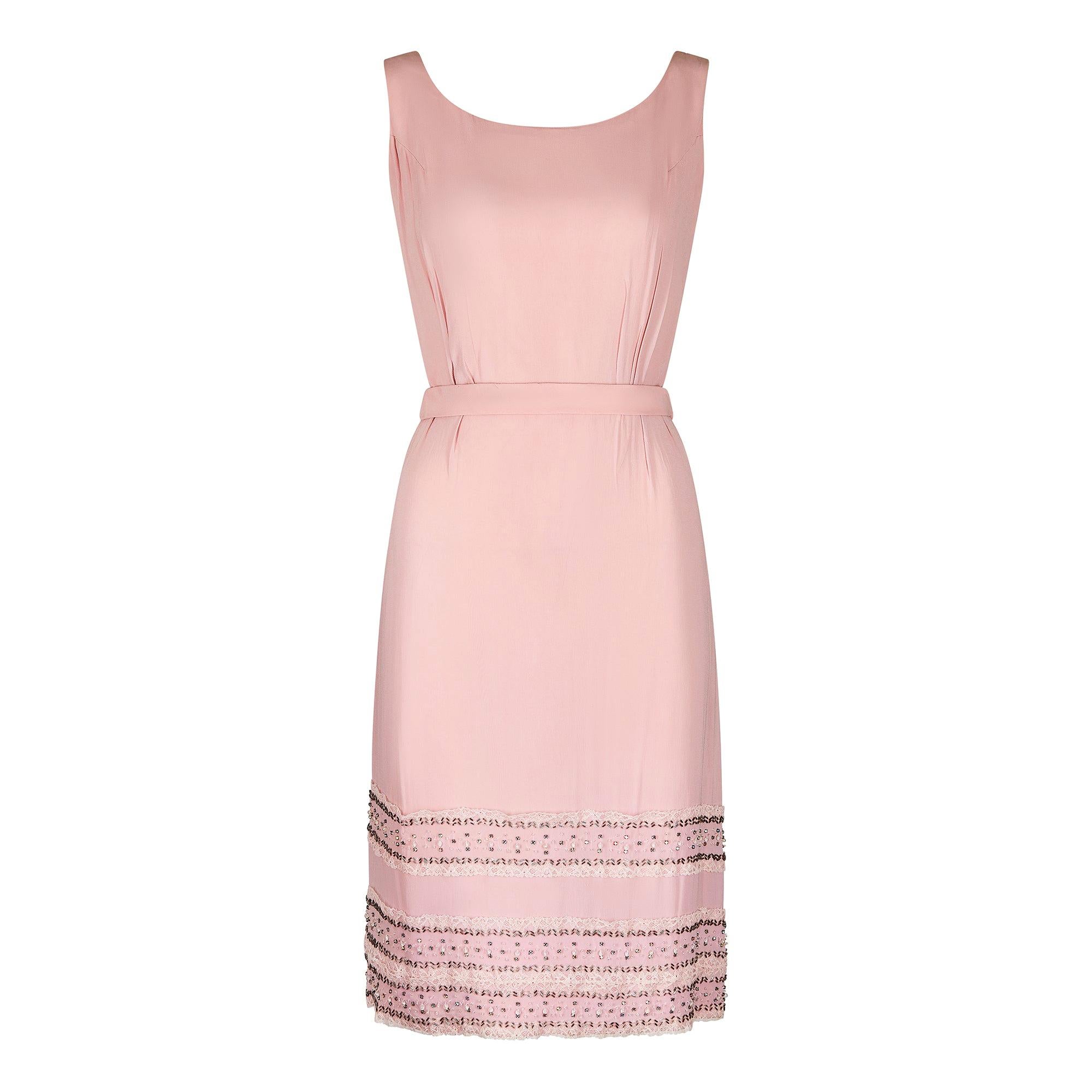 1960s Doree Model Pink Georgette Lace Embellished Dress