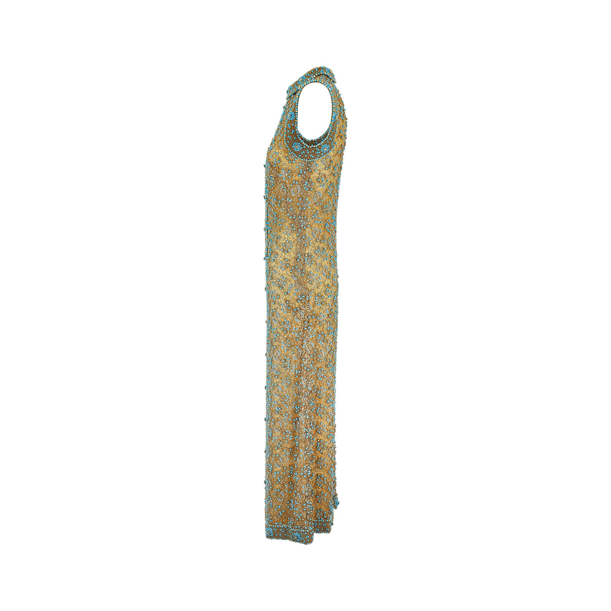 1960s Doreen Lok Gold and Turquoise Beaded Maxi Dress  In Excellent Condition In London, GB