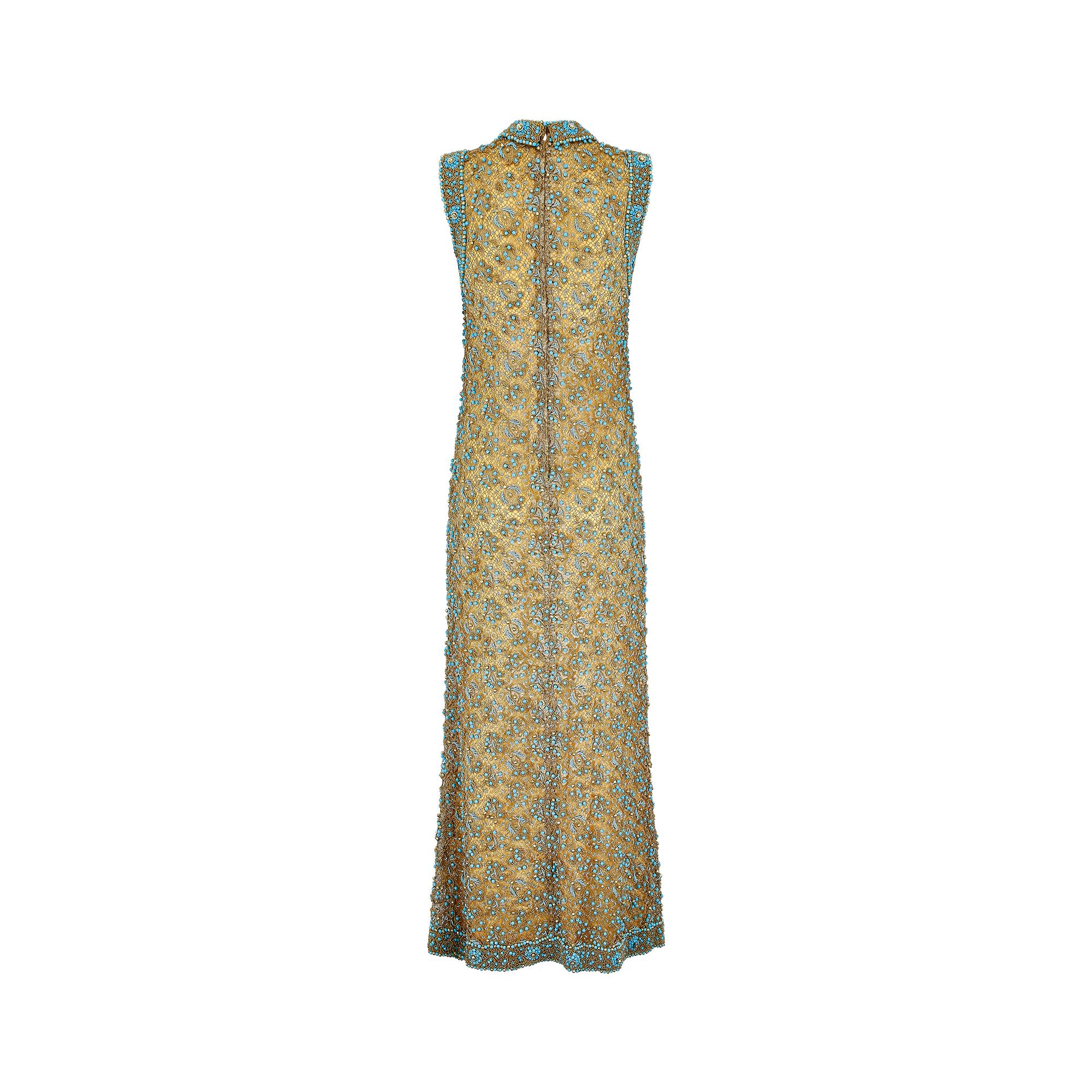 Women's 1960s Doreen Lok Gold and Turquoise Beaded Maxi Dress 