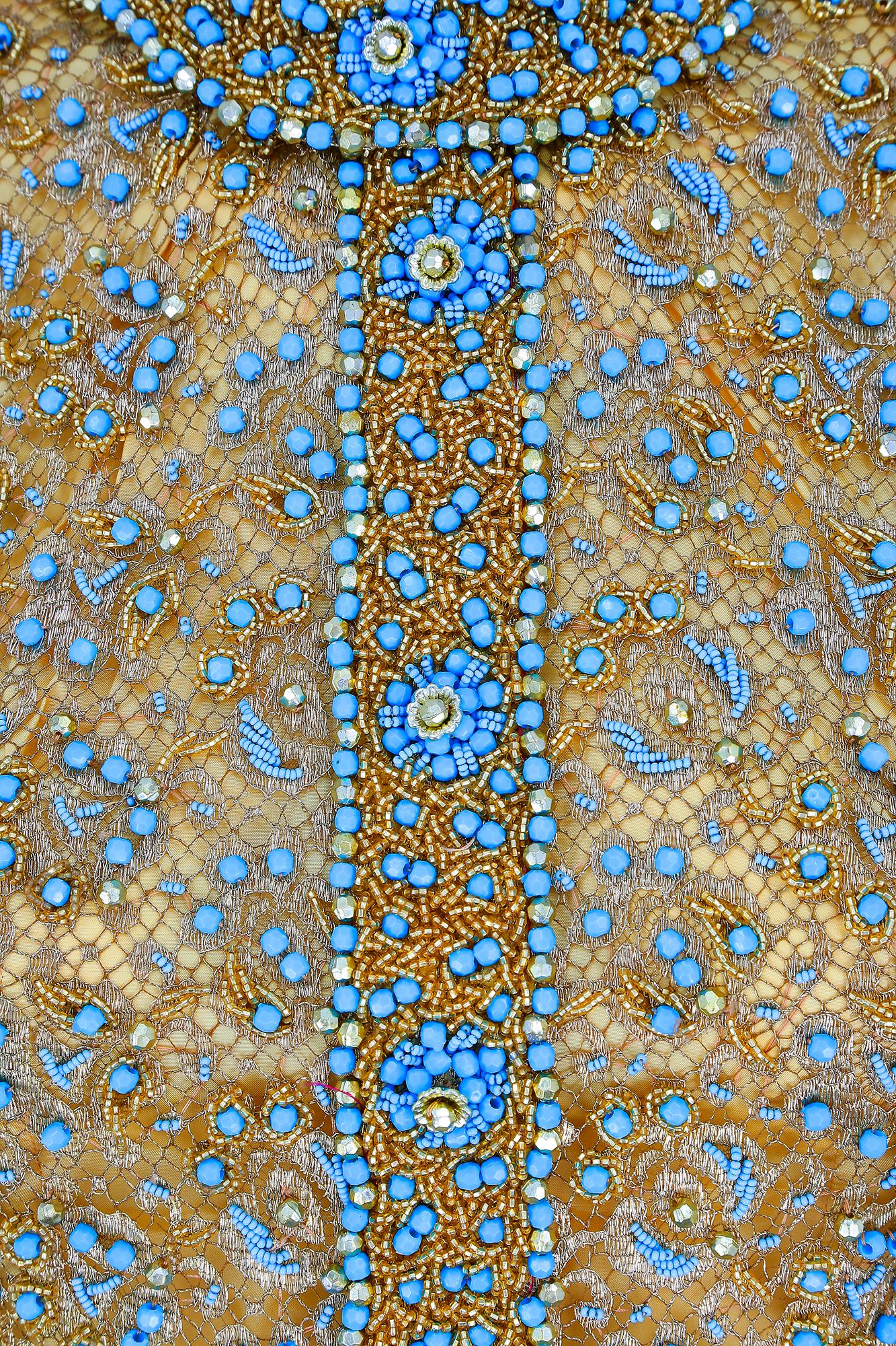 1960s Doreen Lok Gold and Turquoise Beaded Maxi Dress  1