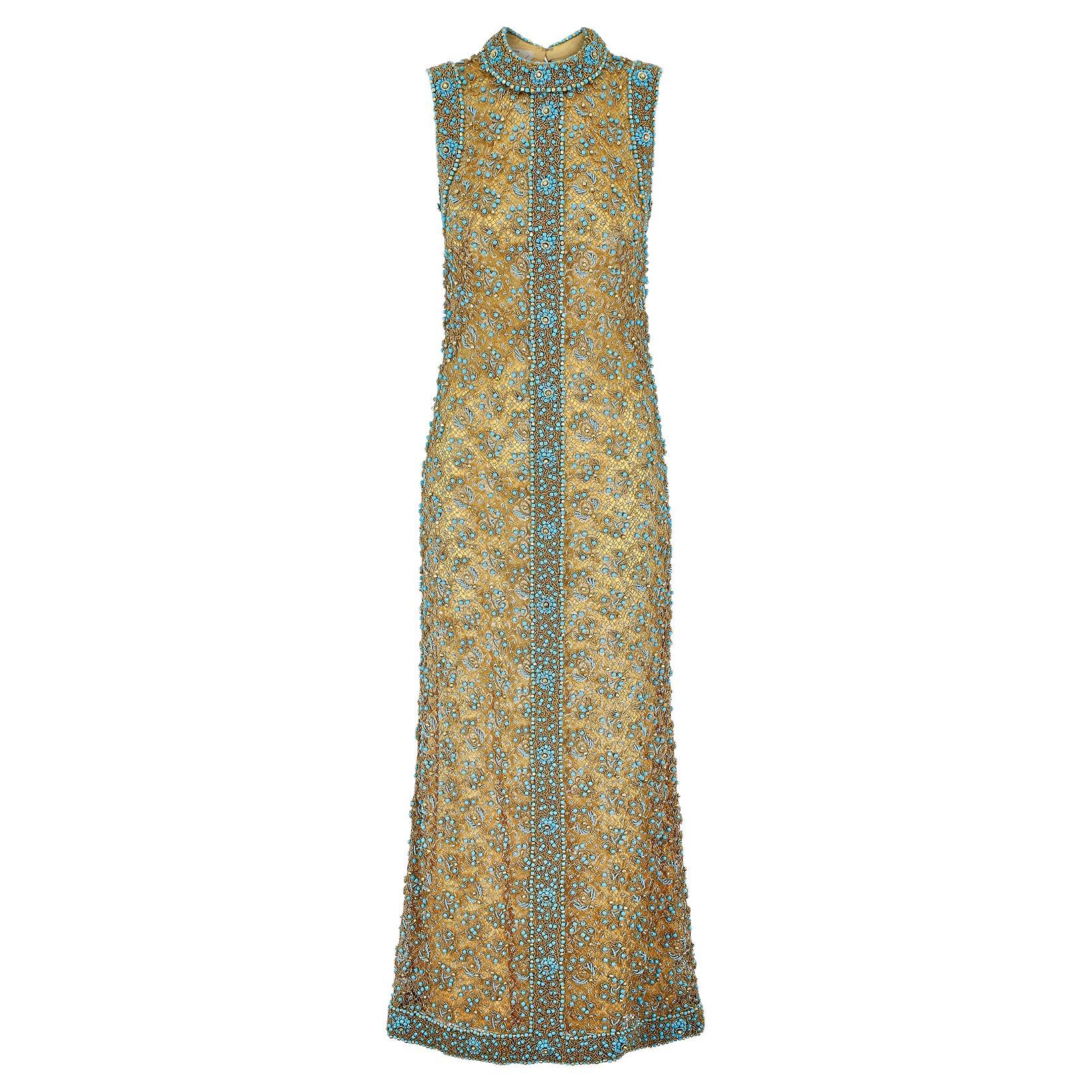 1960s Doreen Lok Gold and Turquoise Beaded Maxi Dress  For Sale