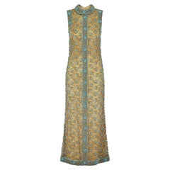 Retro 1960s Doreen Lok Gold and Turquoise Beaded Maxi Dress 