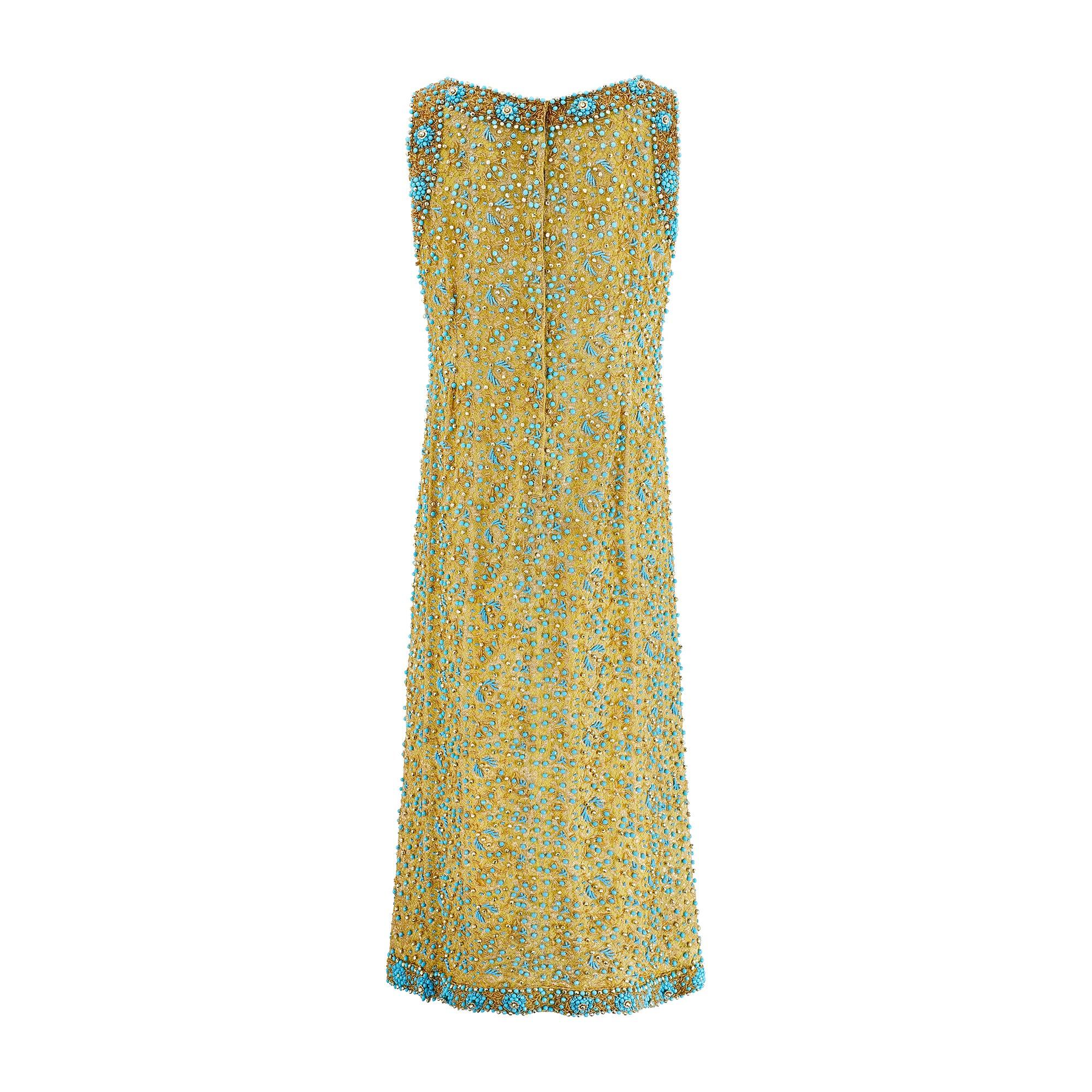 Brown 1960s Doreen Lok Gold and Turquoise Beaded Shift Dress