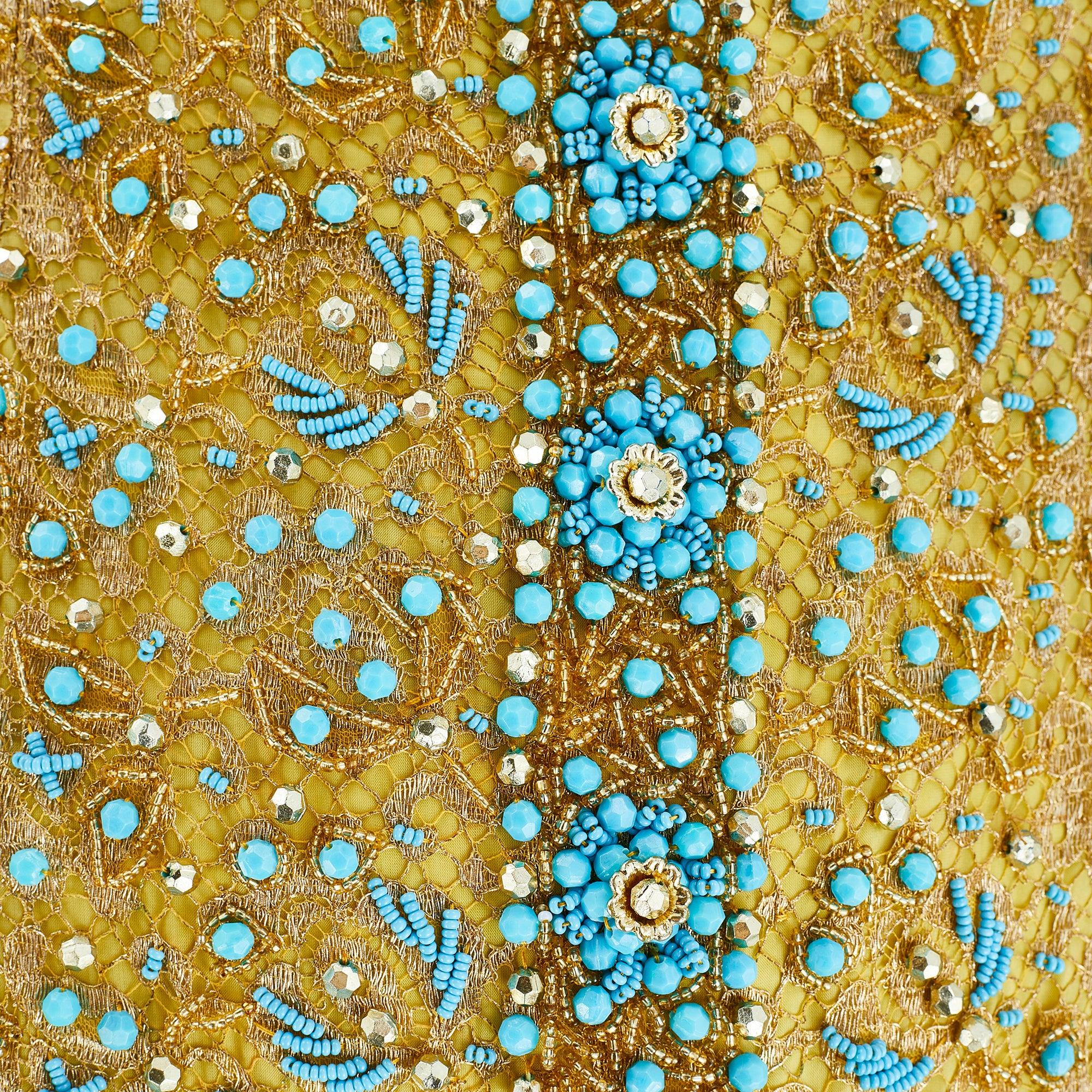 1960s Doreen Lok Gold and Turquoise Beaded Shift Dress In Excellent Condition In London, GB
