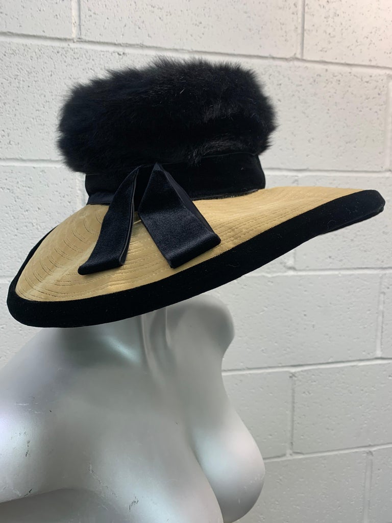 1960s Doris Portrait Hat in Black & Ecru Velvet w/ Angora Fur Felt Crown In Good Condition For Sale In San Francisco, CA