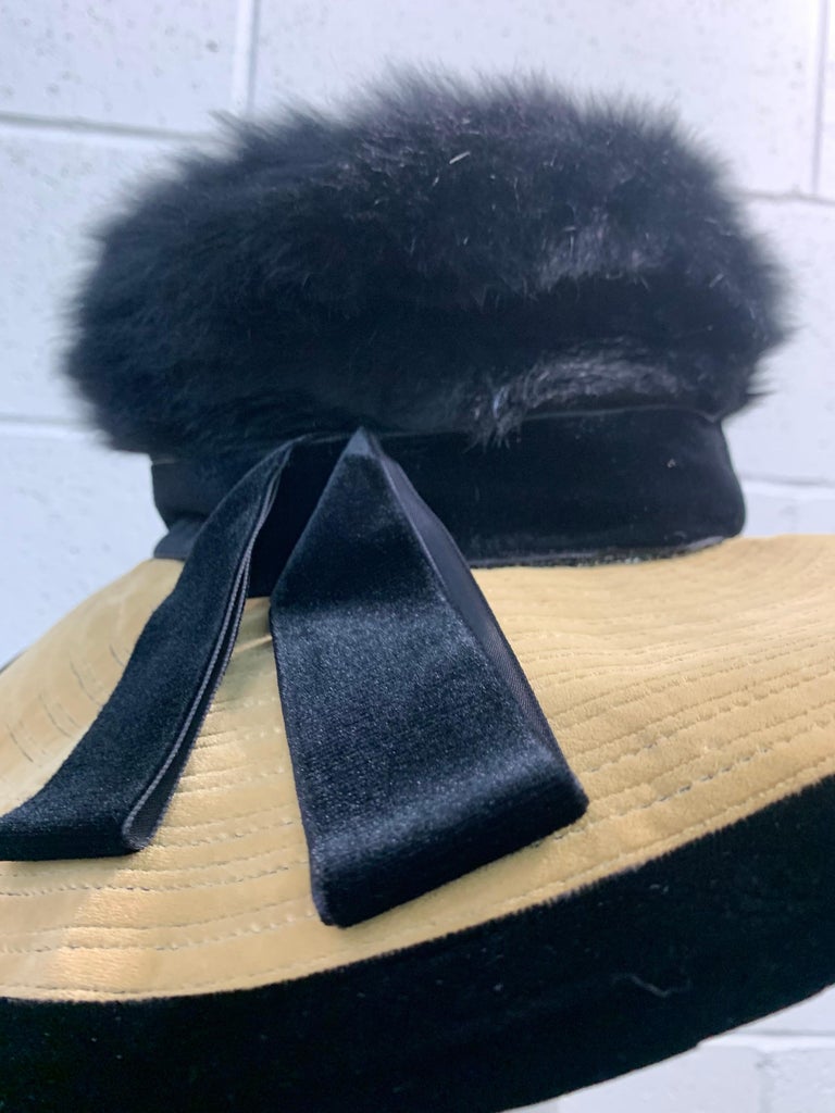 1960s Doris Portrait Hat in Black & Ecru Velvet w/ Angora Fur Felt Crown For Sale 1