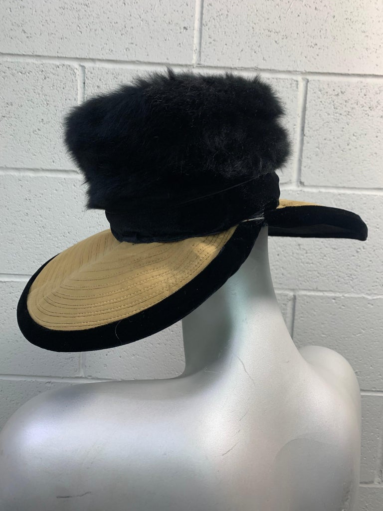 1960s Doris Portrait Hat in Black & Ecru Velvet w/ Angora Fur Felt Crown For Sale 2