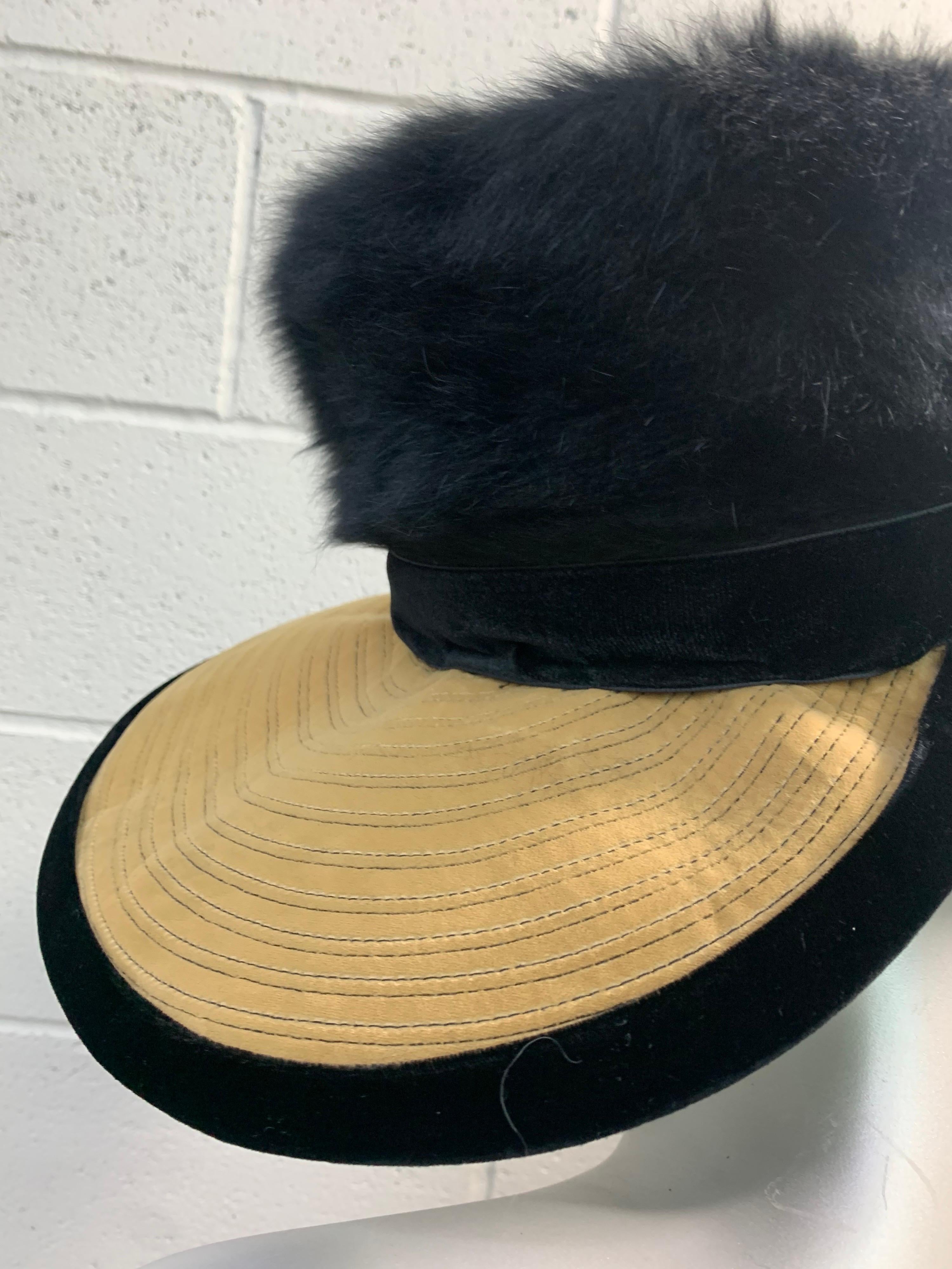 Women's 1960s Doris Portrait Hat in Black & Ecru Velvet w/ Angora Fur Felt Crown For Sale