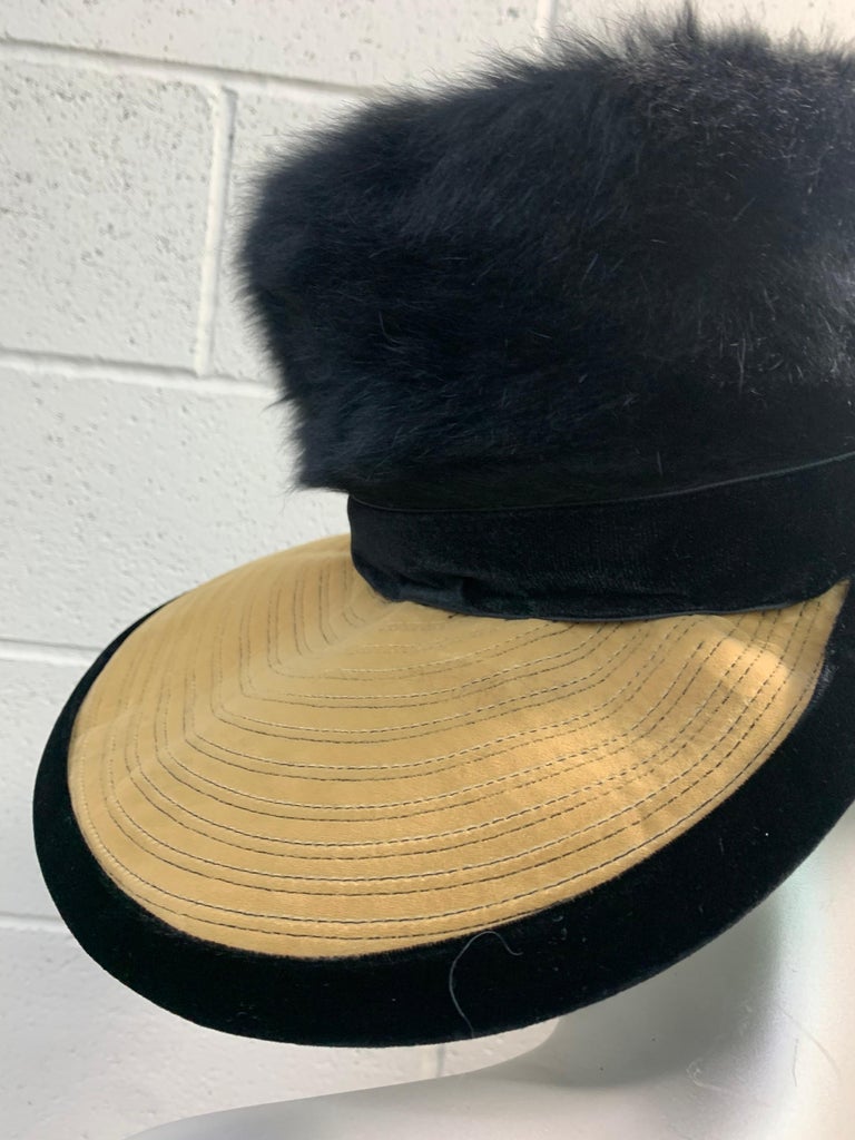 1960s Doris Portrait Hat in Black & Ecru Velvet w/ Angora Fur Felt Crown For Sale 3