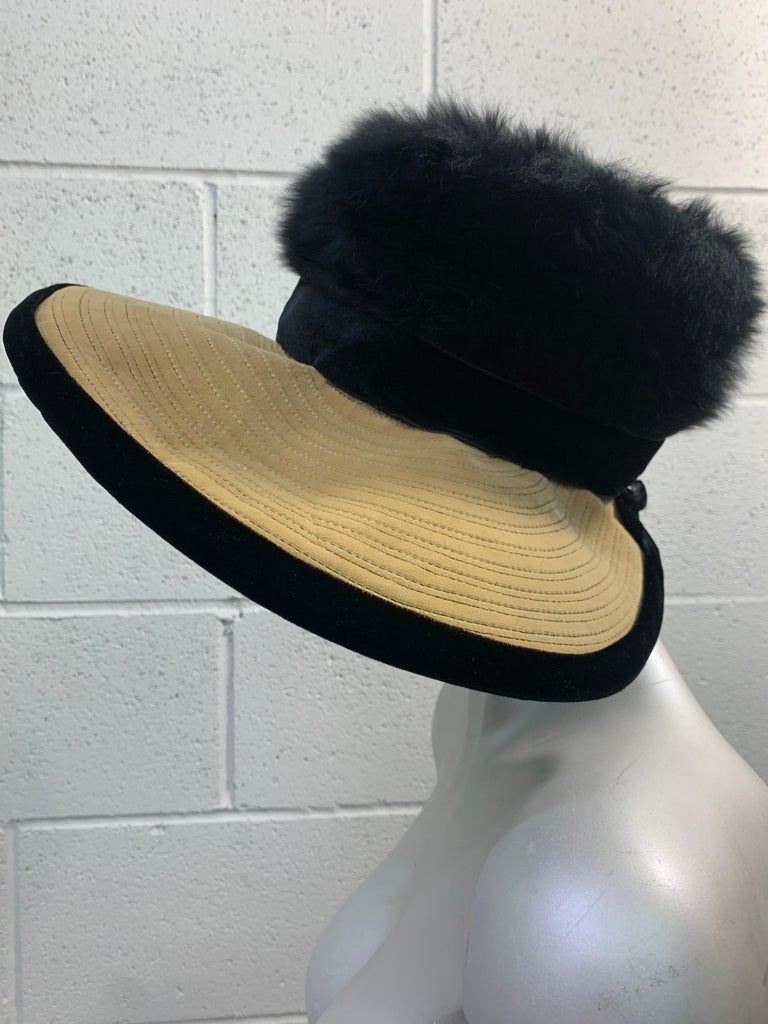 1960s Doris Portrait Hat in Black & Ecru Velvet w/ Angora Fur Felt Crown For Sale 4