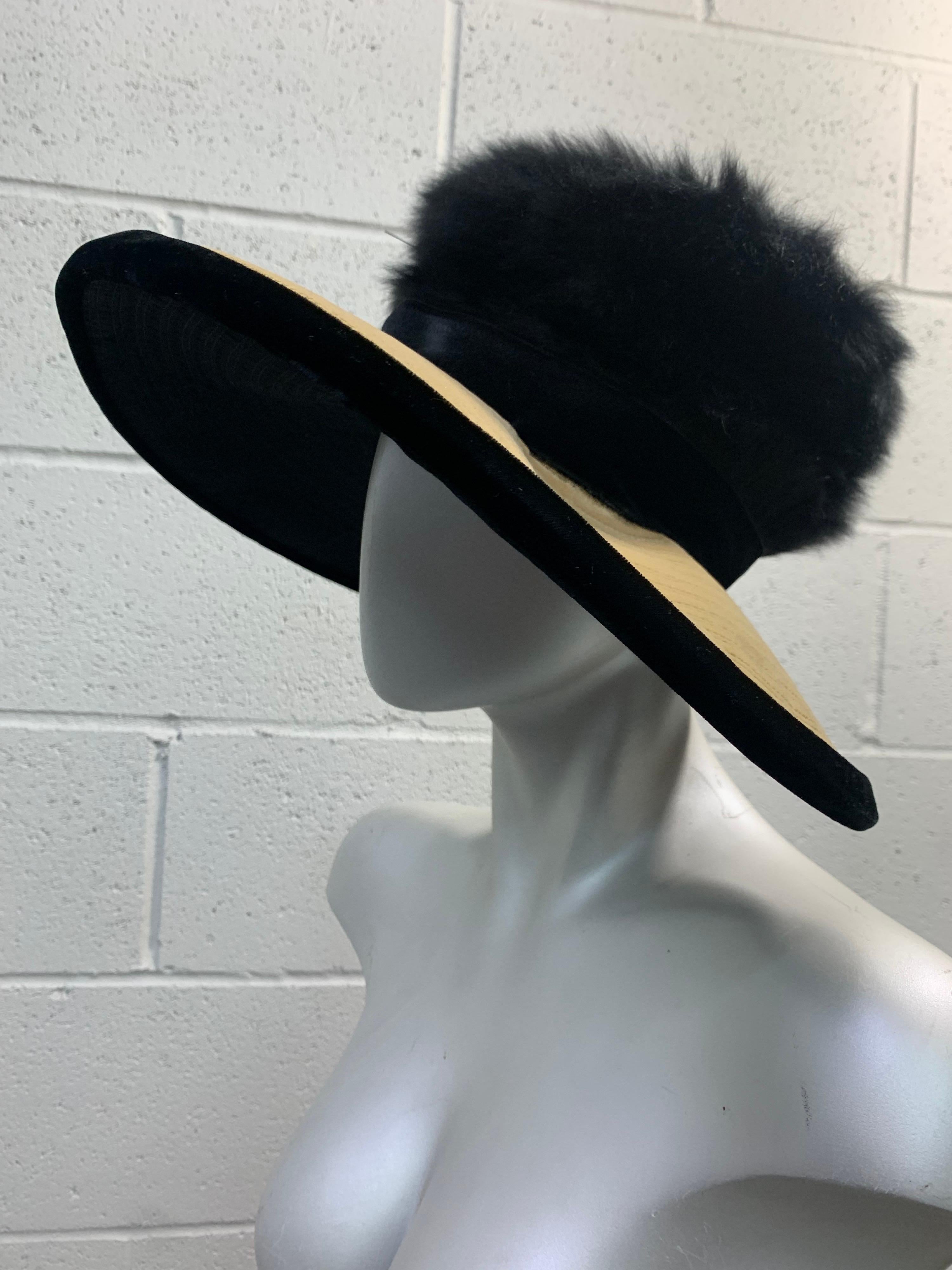 1960s Doris Portrait Hat in Black & Ecru Velvet w/ Angora Fur Felt Crown For Sale 2