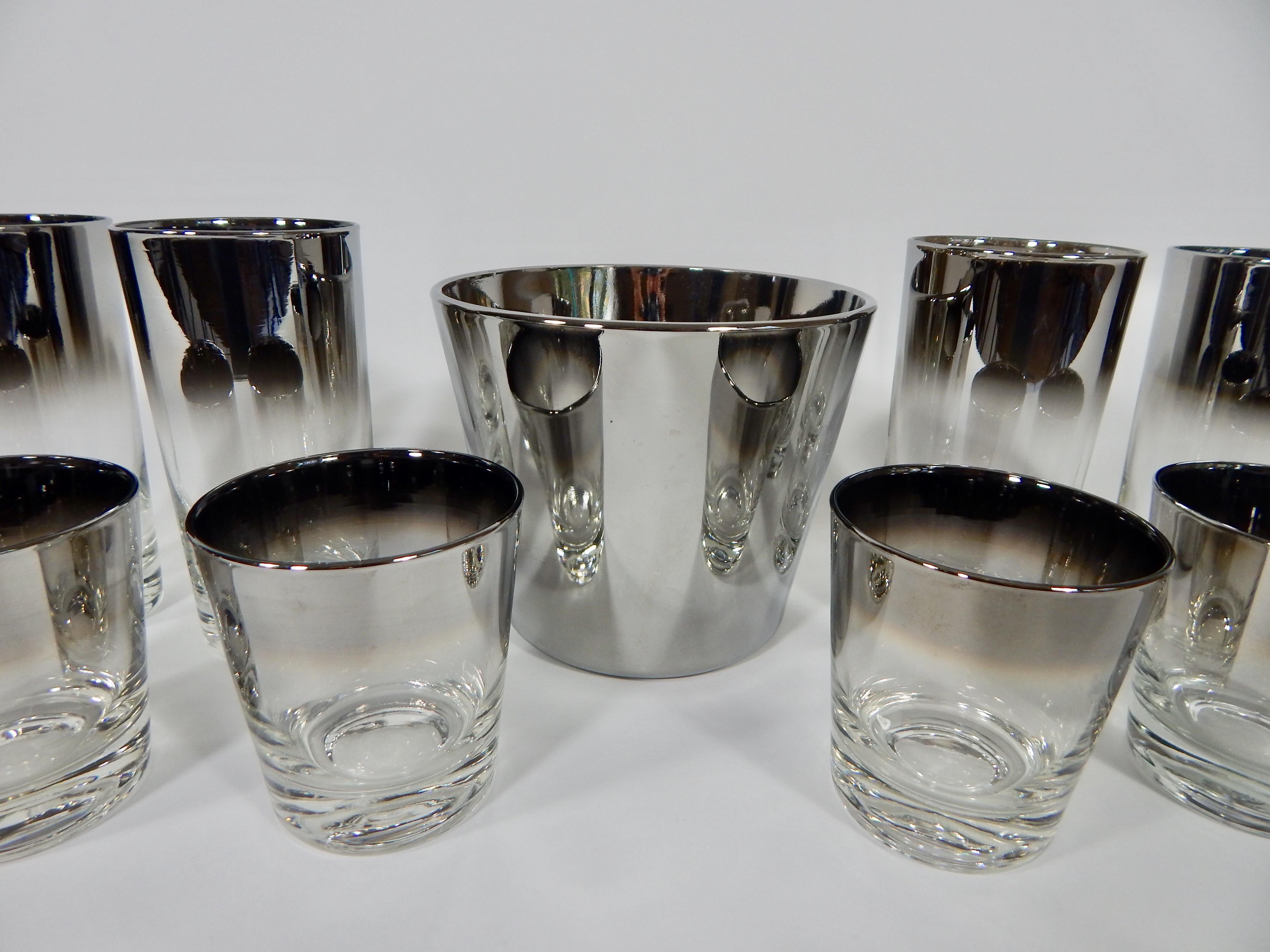 Mid-Century Modern 1960s Dorothy Thorpe Set of Bar Glassware and Ice Bucket 9 Pieces