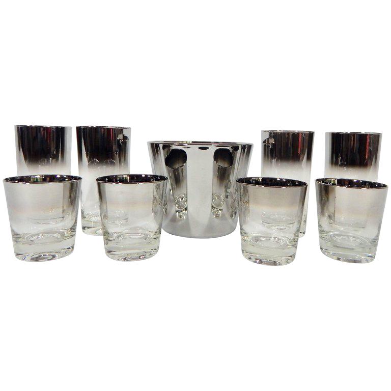 1960s Dorothy Thorpe Set of Bar Glassware and Ice Bucket 9 Pieces