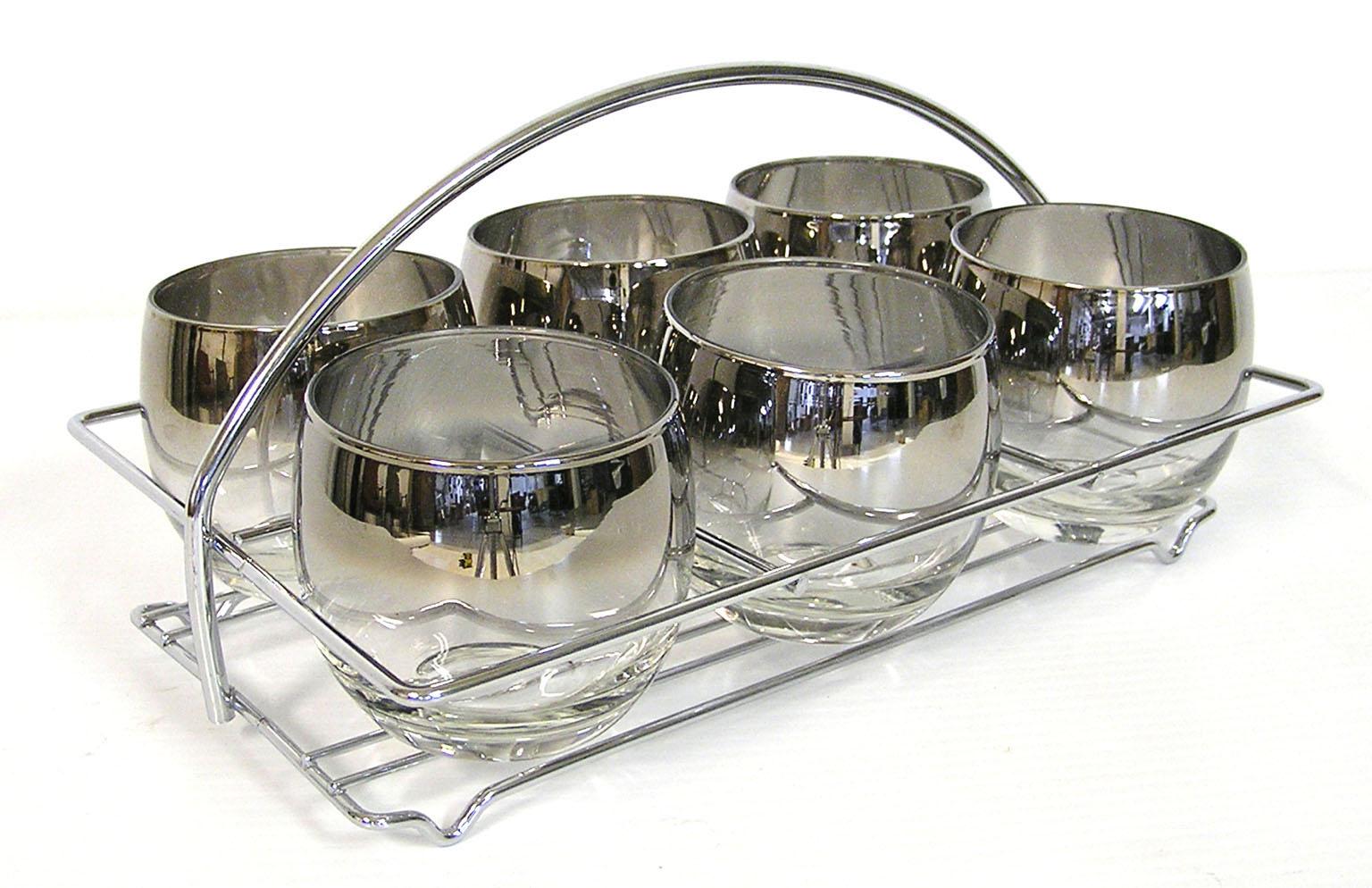 American 1960s Dorothy Thorpe Silver Fade Roly Poly Glasses with Carrier, Set of Six