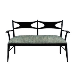 1960s Double Bench, Stained Walnut, Variegated Fabric, Spain