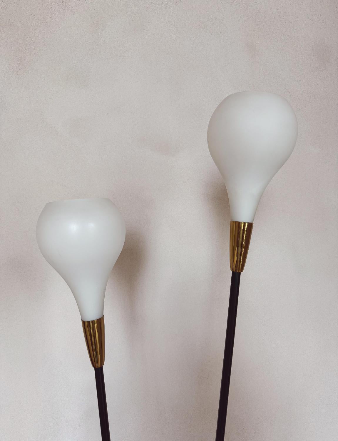 Una bellissima e insolita lampada da terra Stilux degli anni '60 con due bellissime coppe scanalate. Ogni tazza si inserisce in un meraviglioso raccordo in ottone. La lampada da terra, alta 162 cm, ha una pesante base in marmo che la rende un pezzo